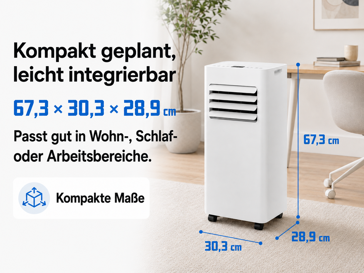 Ein weißer mobiler Klimaanlage mit Rollen steht auf einem Teppich.