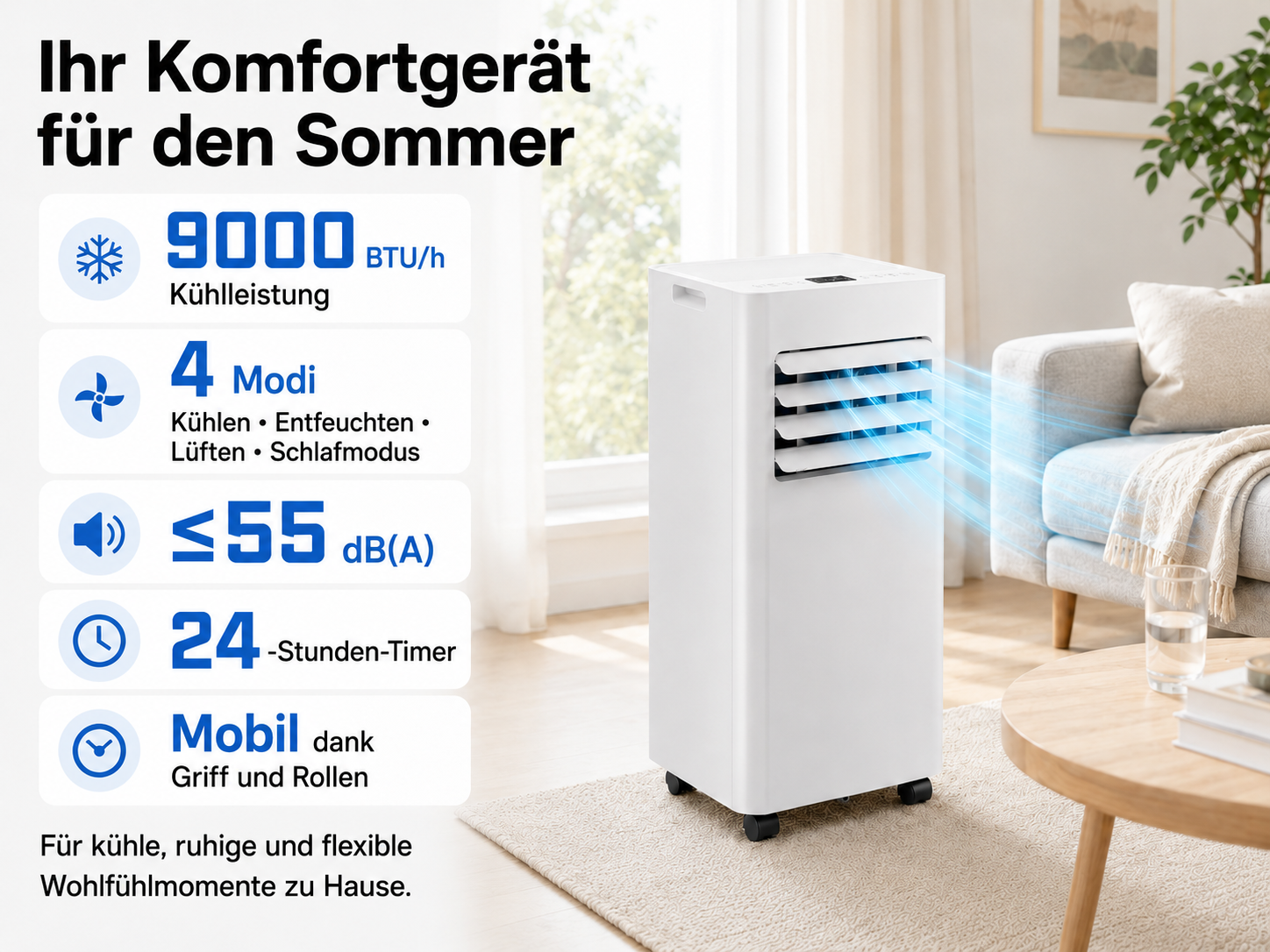 Ein weißer mobiler Klimaanlage kühlt in einem Wohnzimmer.