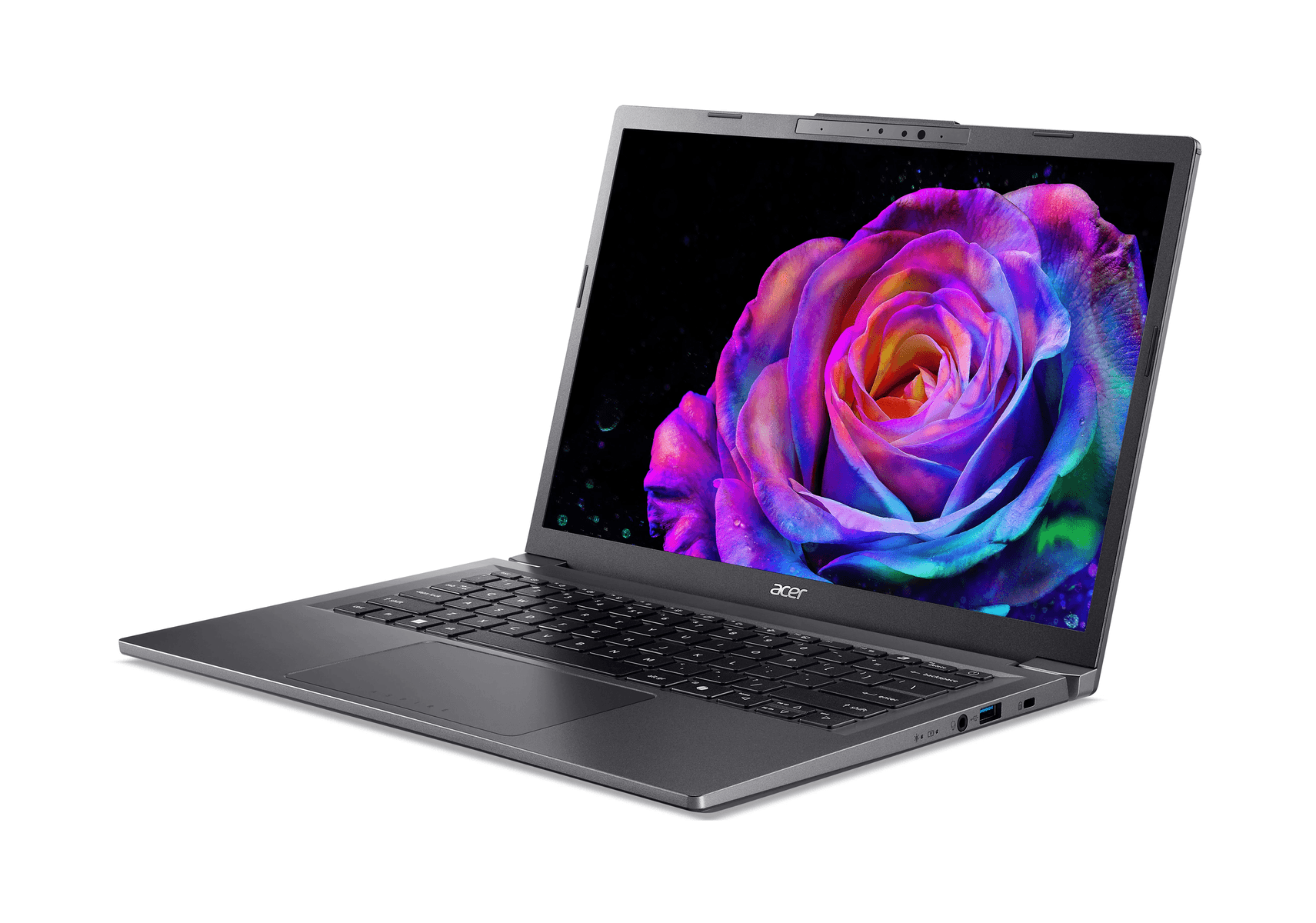 Un portátil abierto que muestra una rosa colorida en su pantalla.