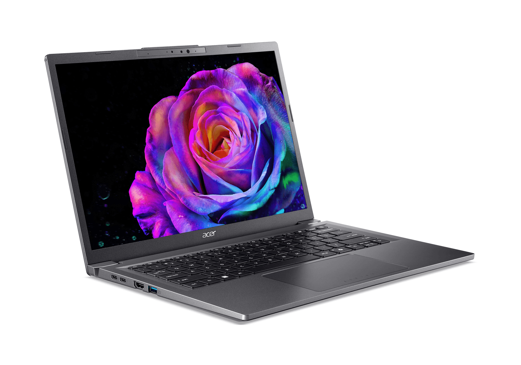 Un portátil Acer gris está abierto, mostrando una rosa vibrante y colorida en su pantalla.