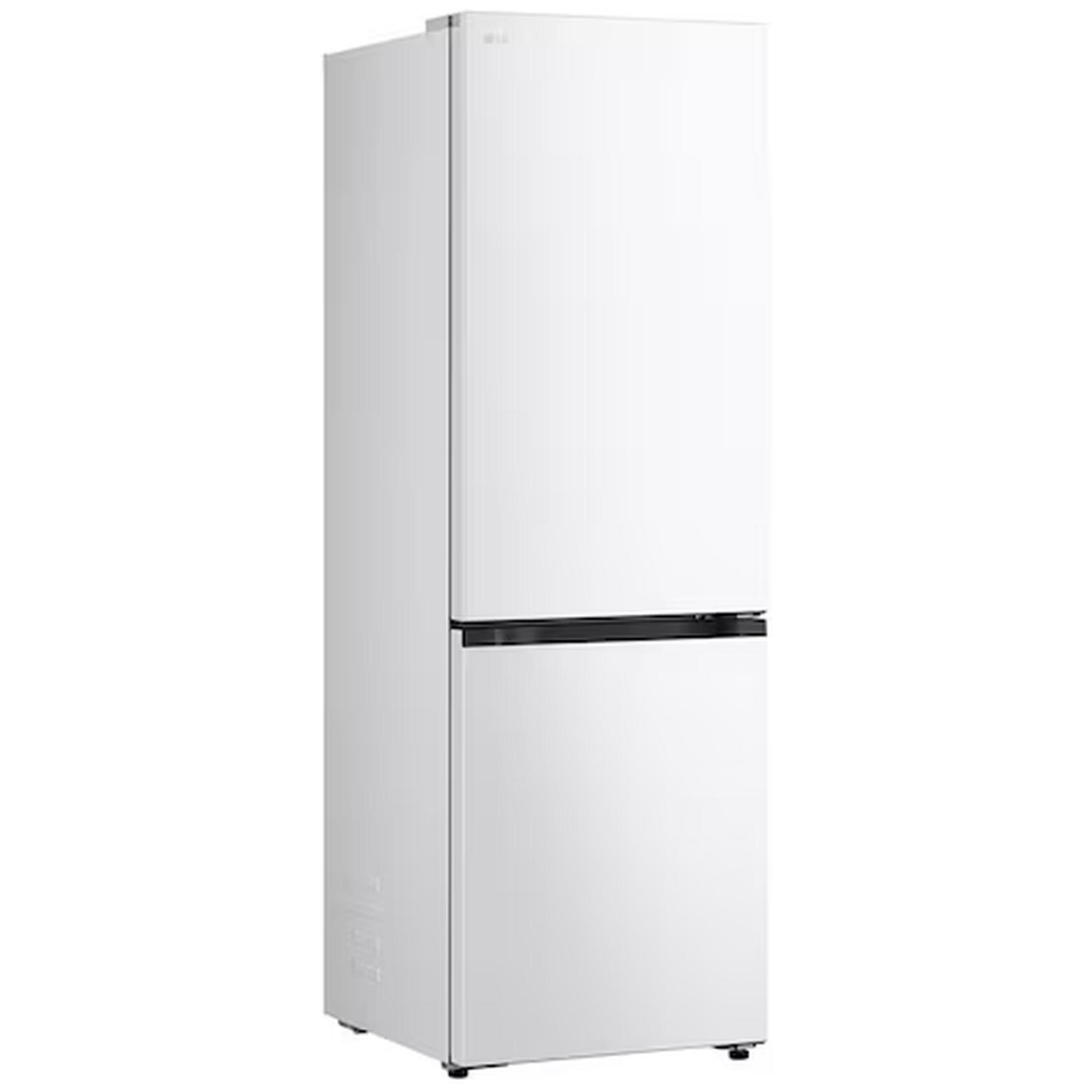Un frigorifero LG bianco a due porte con maniglia nera.