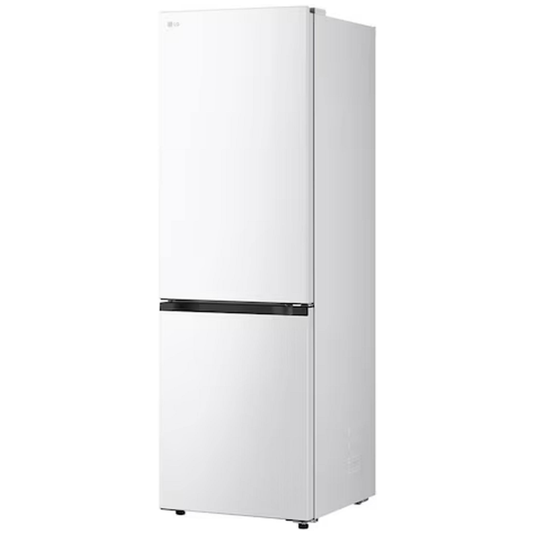 Un frigorifero LG bianco con maniglia nera in primo piano.