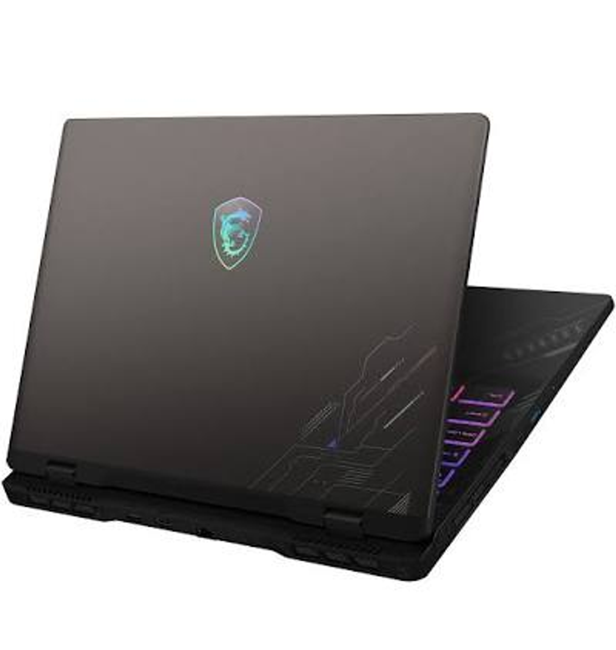 Un portátil gaming MSI oscuro está abierto, mostrando un teclado brillante con teclas moradas.