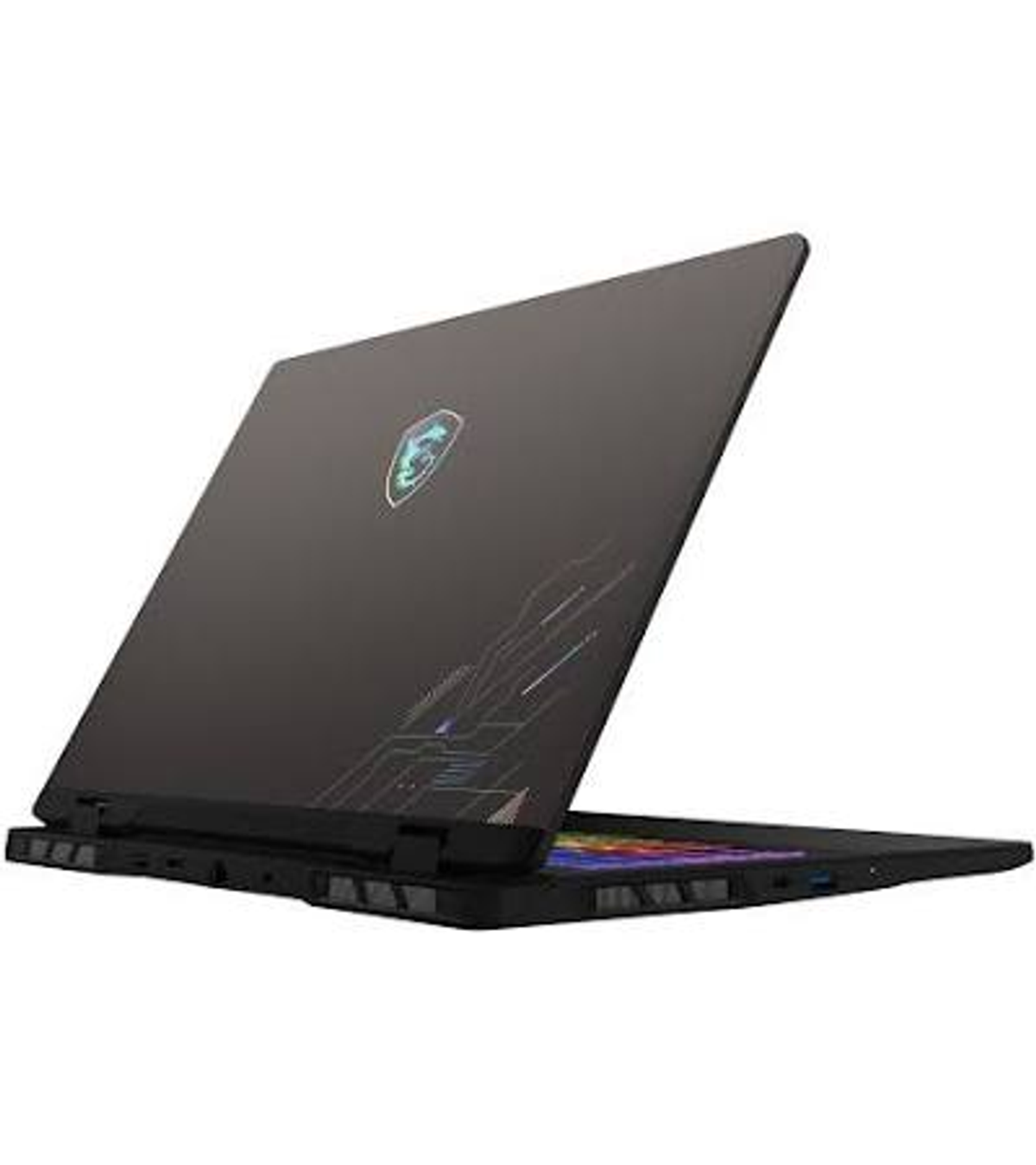Un portátil MSI negro está abierto, mostrando su teclado colorido y logo.
