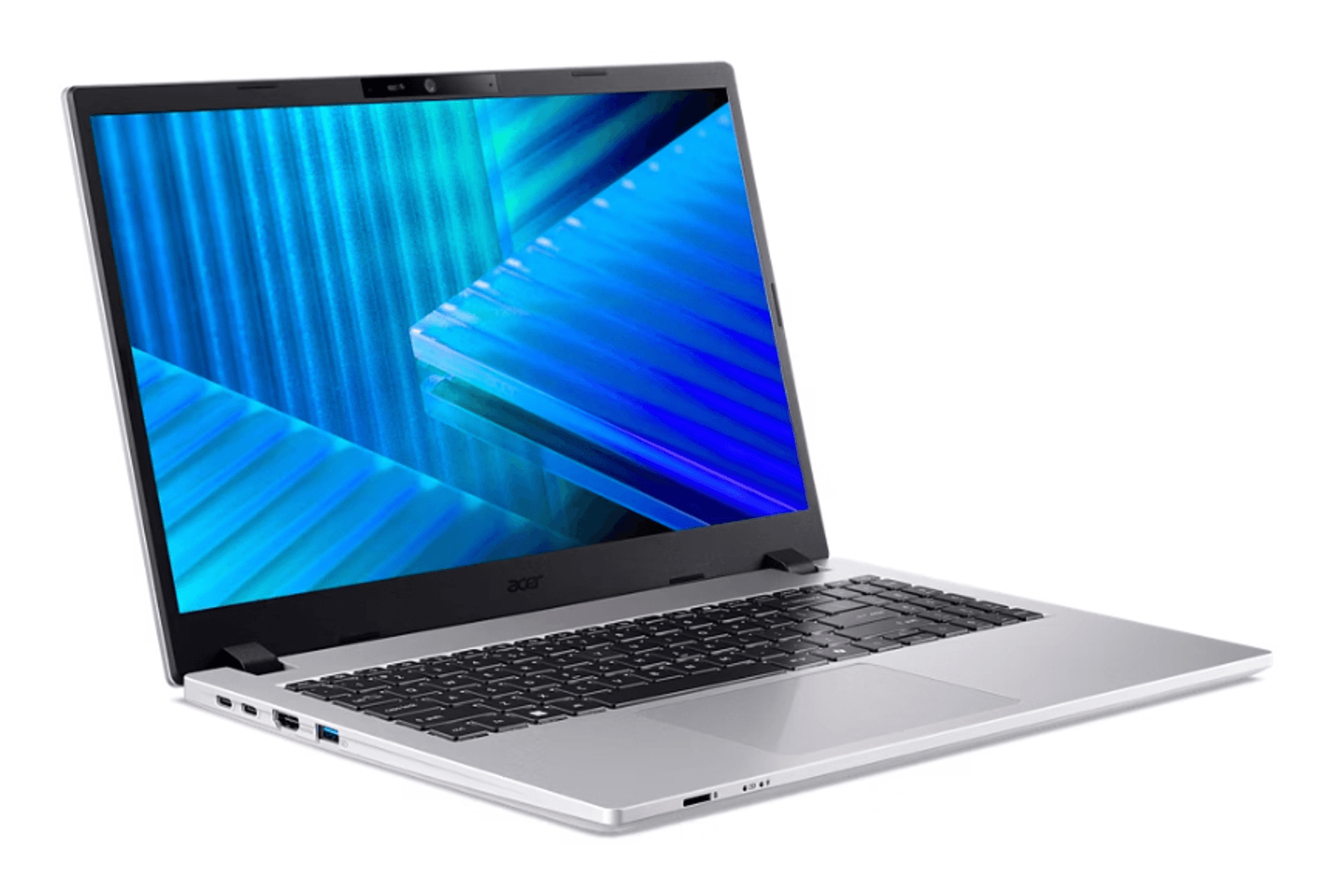Un portátil plateado con teclado y fondo de pantalla azul.
