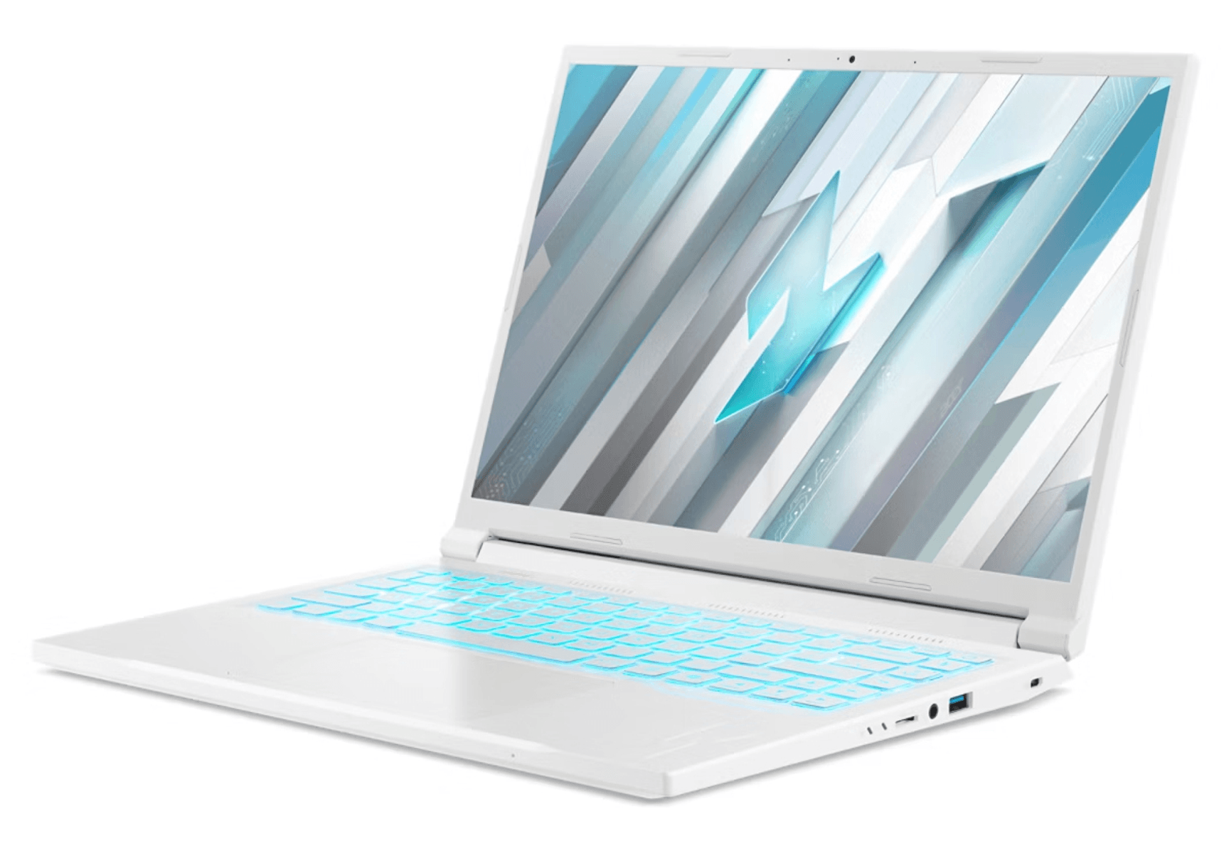 Un portátil blanco con teclado retroiluminado azul y fondo abstracto.