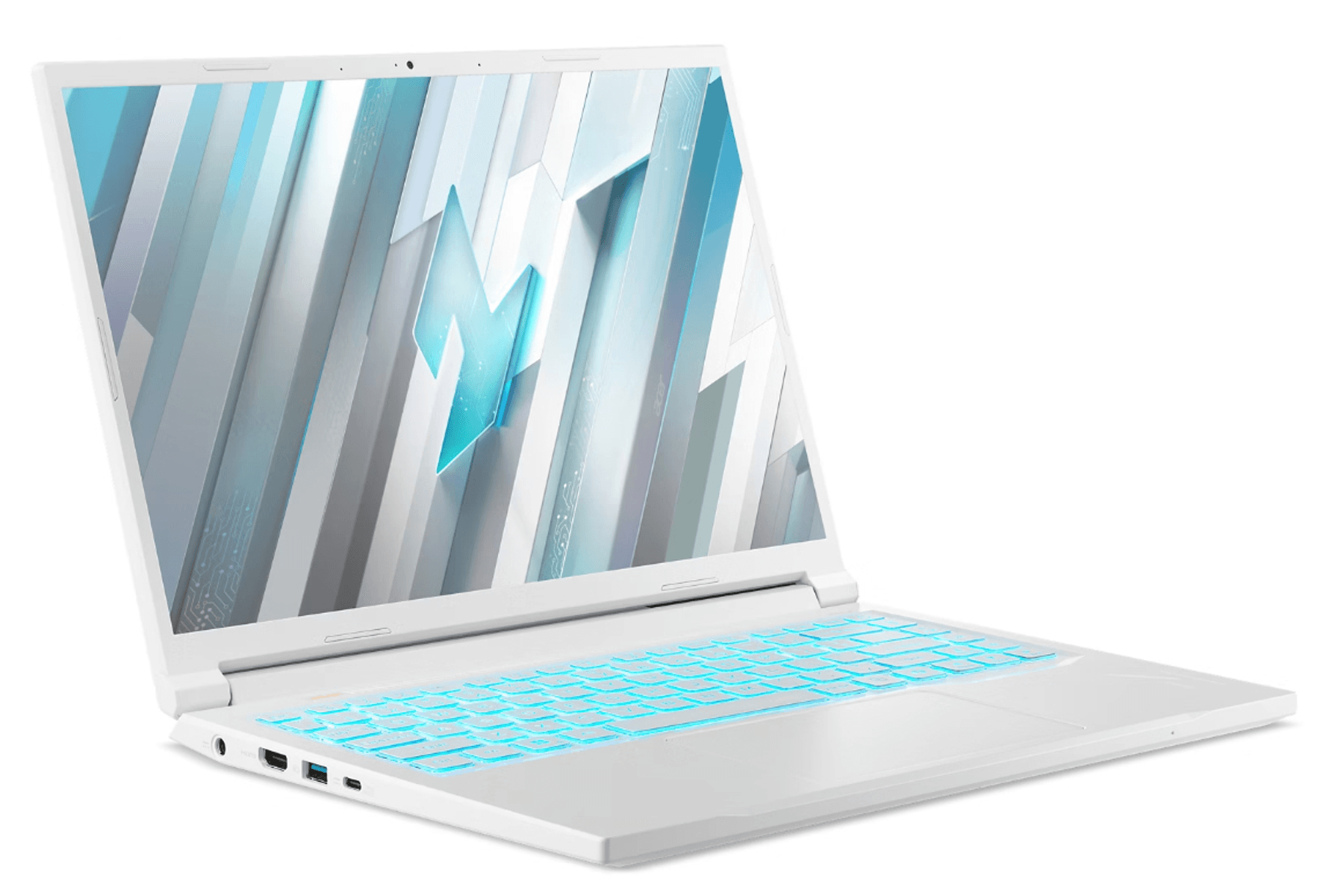 Un portátil blanco con teclado retroiluminado azul y fondo de pantalla abstracto.