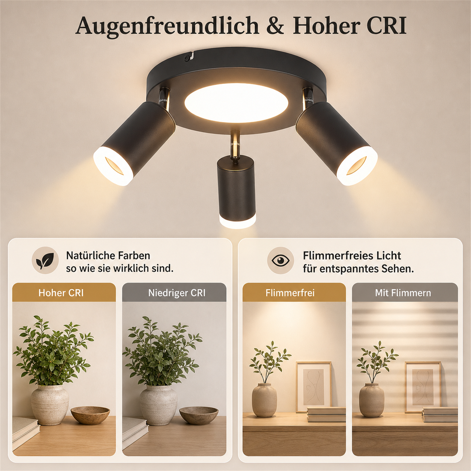 Lampada da soffitto con 3 faretti, mostra confronto CRI alto e senza sfarfallio.