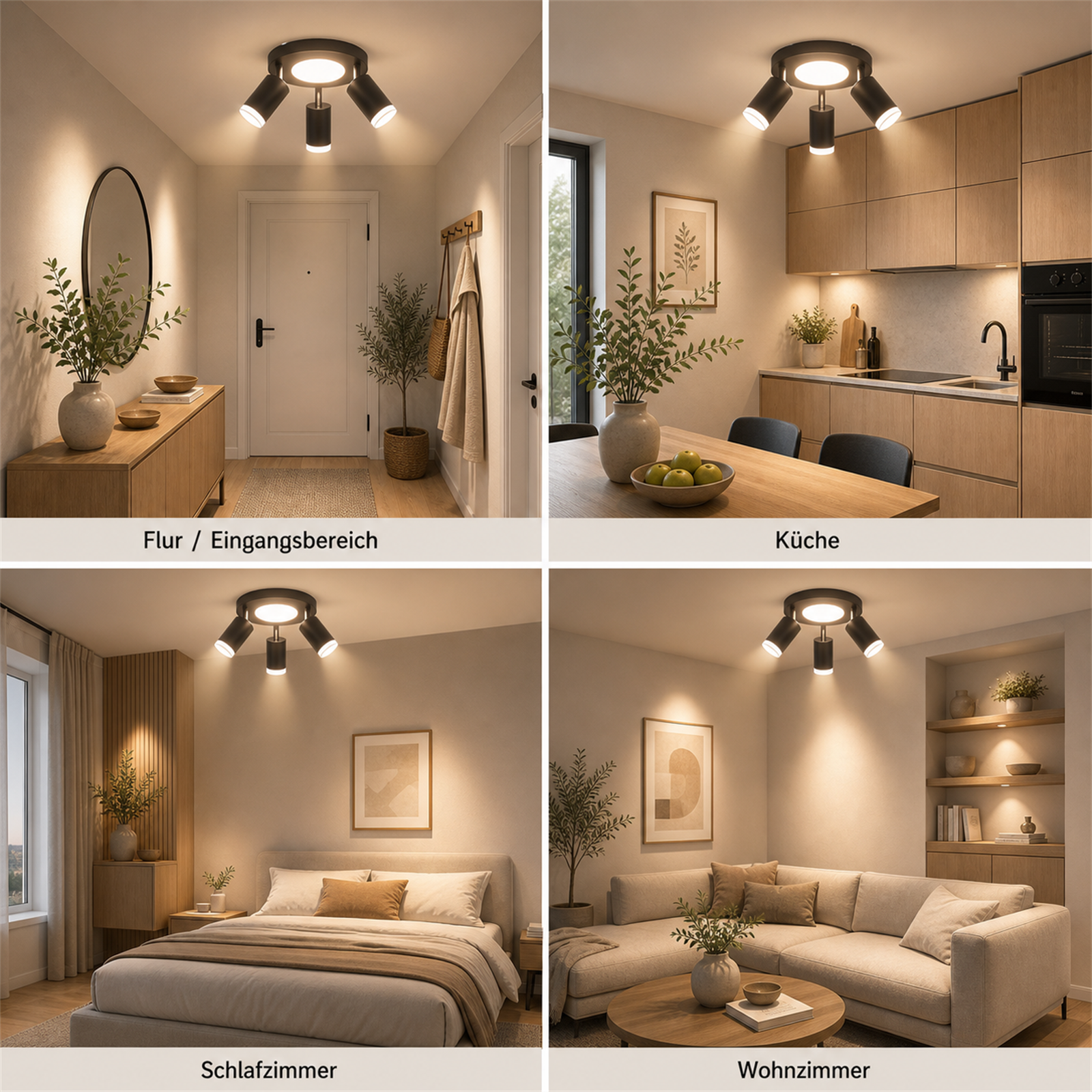 Vier Wohnszenen: Flur, Küche, Schlafzimmer, Wohnzimmer mit Deckenleuchten.