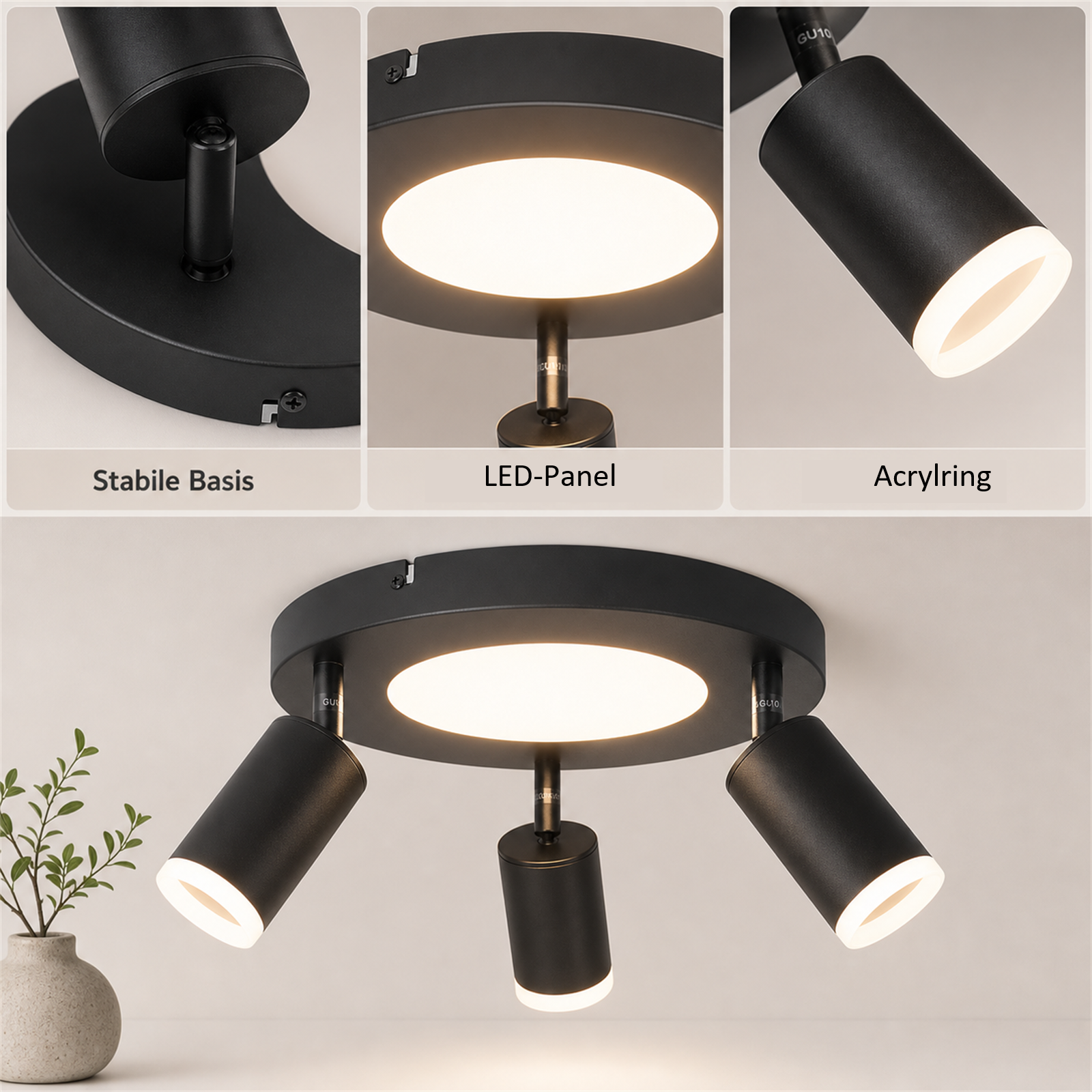 Plafoniera nera con tre faretti orientabili e un pannello LED centrale.