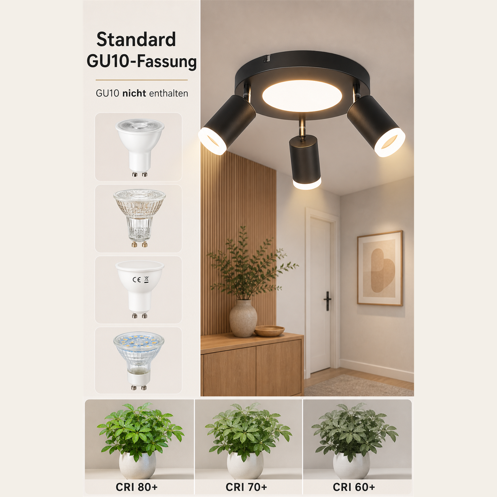 Lampada da soffitto con tre faretti orientabili, attacco GU10, non incluso.