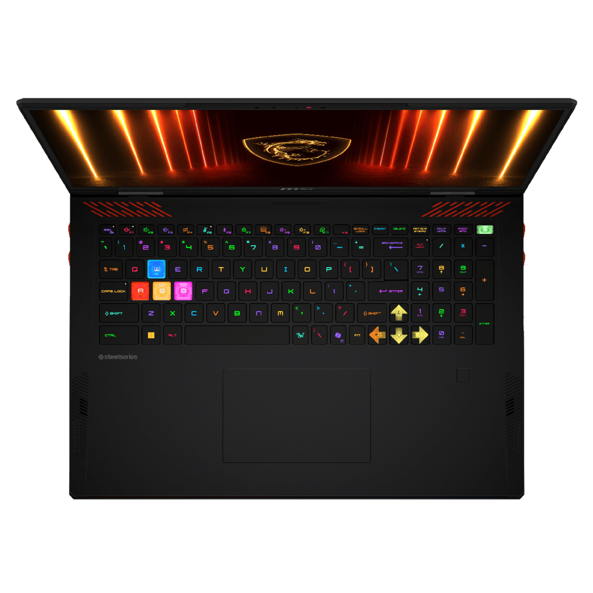 Un portátil gaming MSI negro abierto con logo de dragón en pantalla y teclado colorido.
