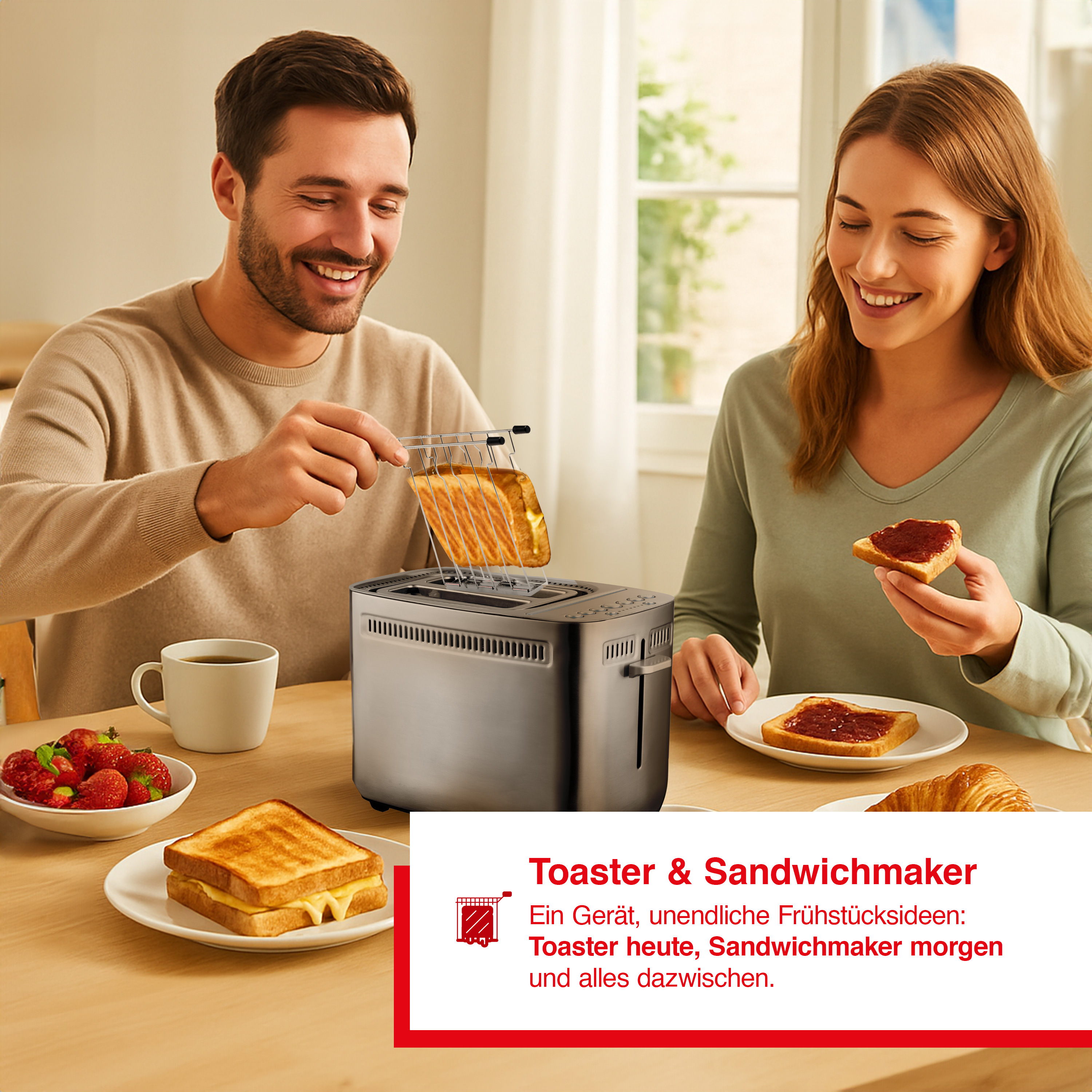 Ein Mann nimmt Toast aus einem Toaster, eine Frau isst Toast mit Marmelade.