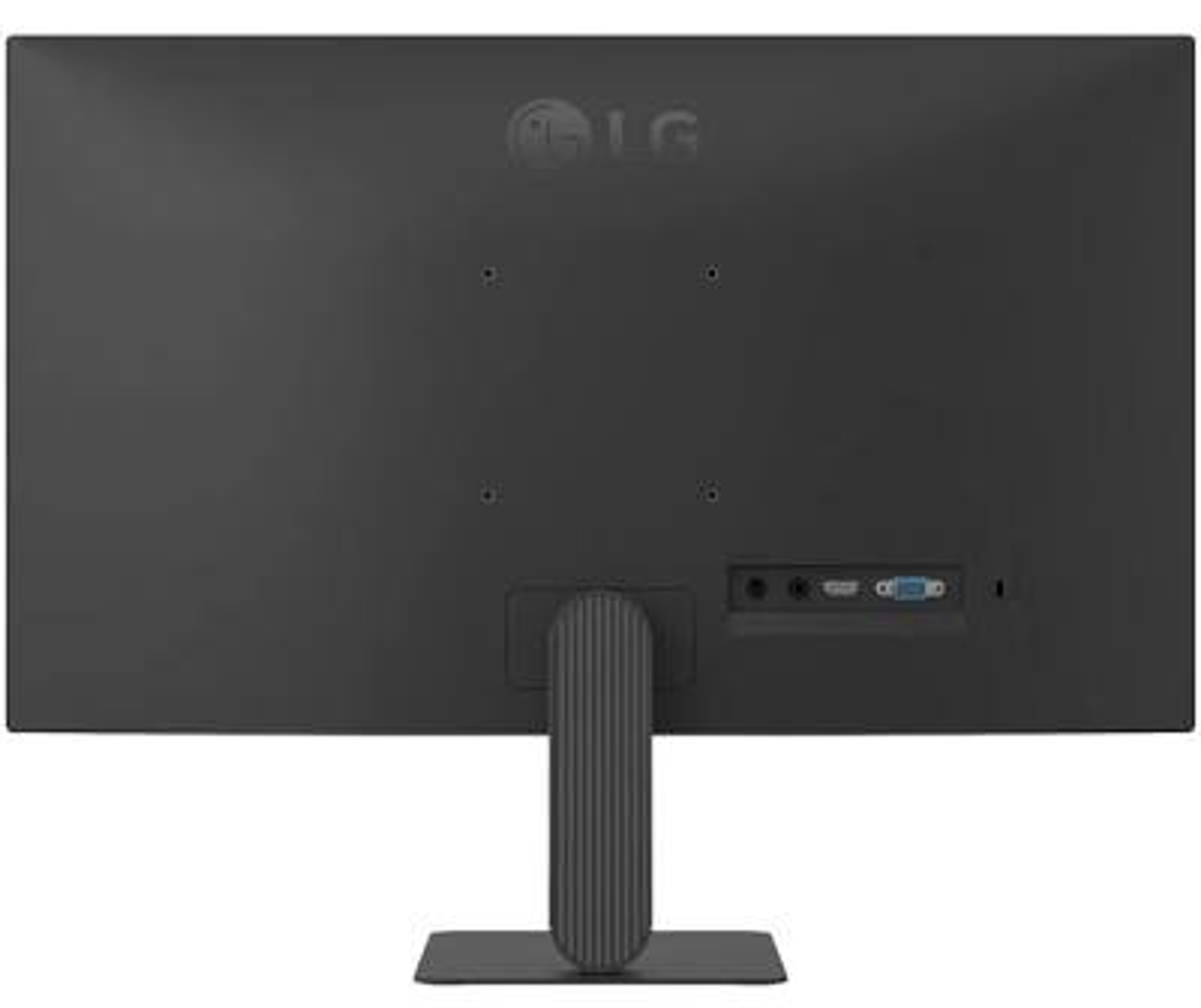 Back of a black LG monitor showing ports and stand.