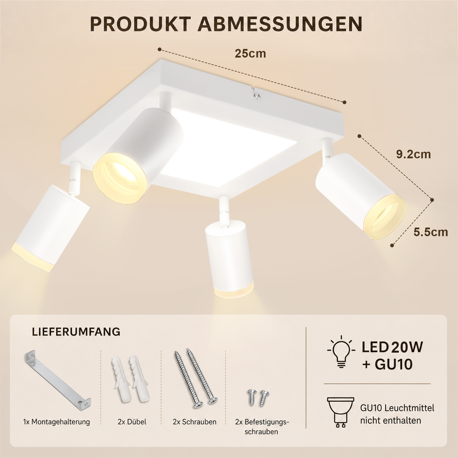 Lampada da soffitto bianca con quattro faretti orientabili, dimensioni 25x25x9.2cm.