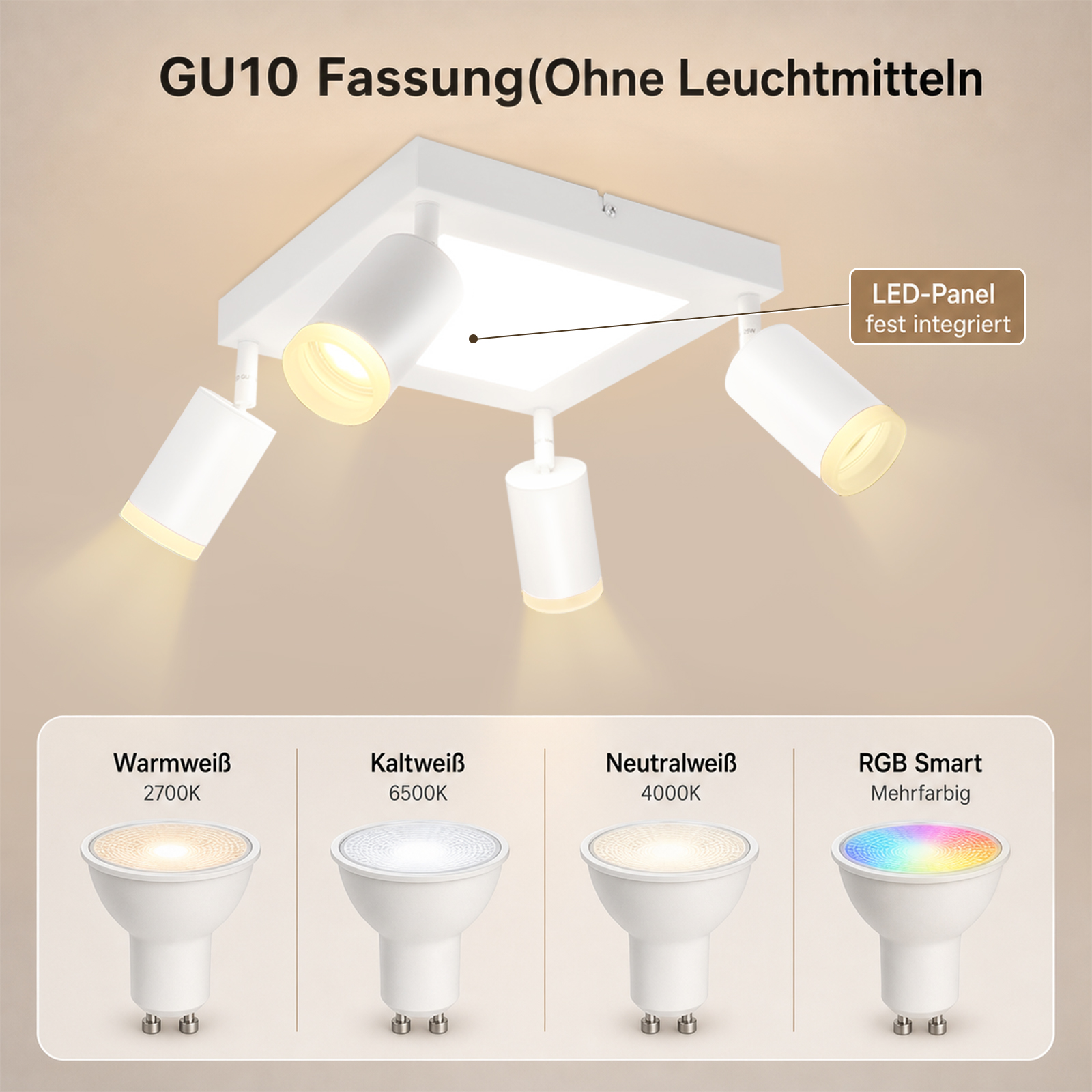 Plafoniera bianca con quattro faretti orientabili e pannello LED integrato.