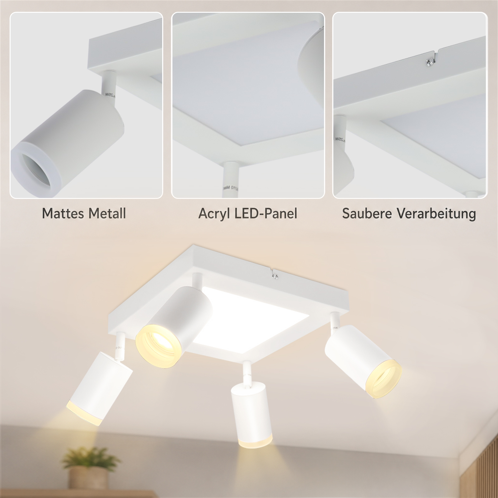Weiße Deckenleuchte mit vier Spots und einem quadratischen LED-Panel.