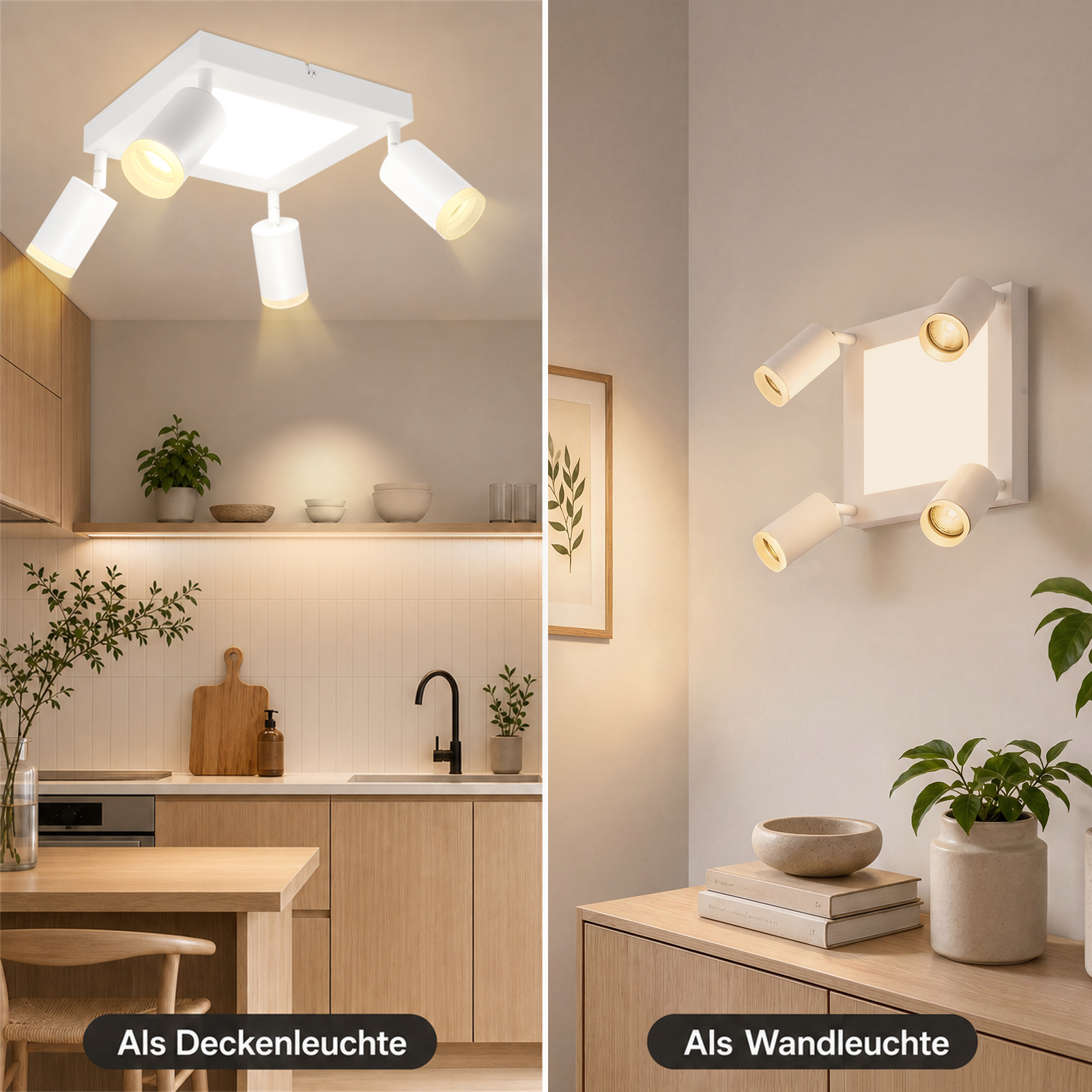 Moderna lampada da soffitto bianca con quattro faretti regolabili sopra una cucina; montata a parete a destra.
