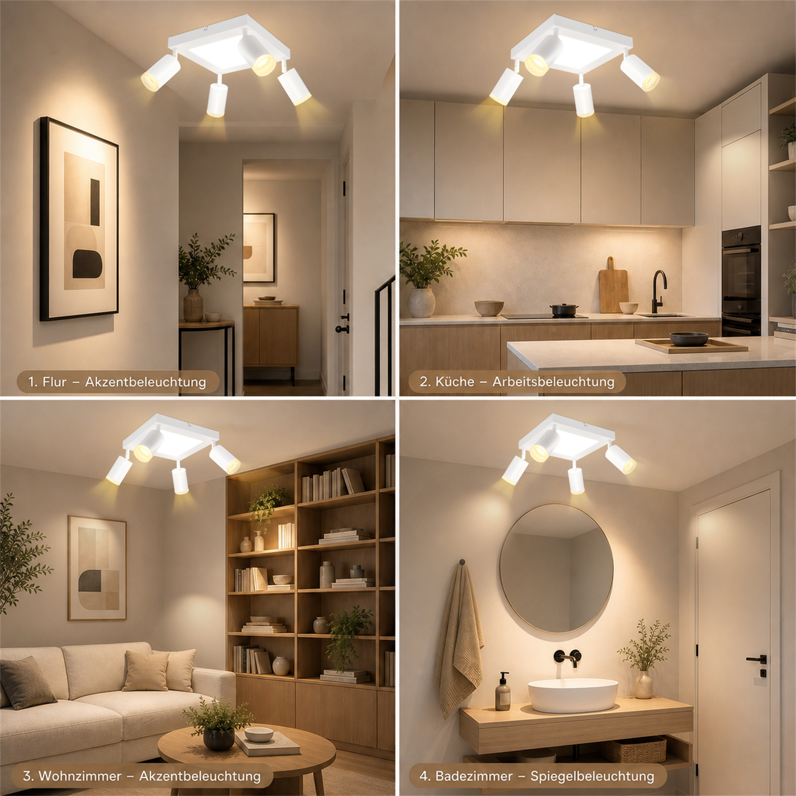 Quattro scene: Corridoio, cucina, soggiorno, bagno. Plafoniera bianca con faretti orientabili.