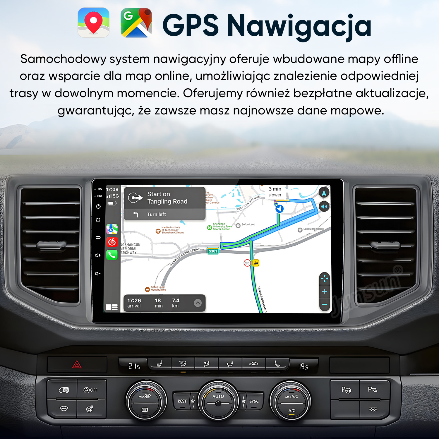 Ekran nawigacji samochodowej z mapą, trasą i elementami sterowania.