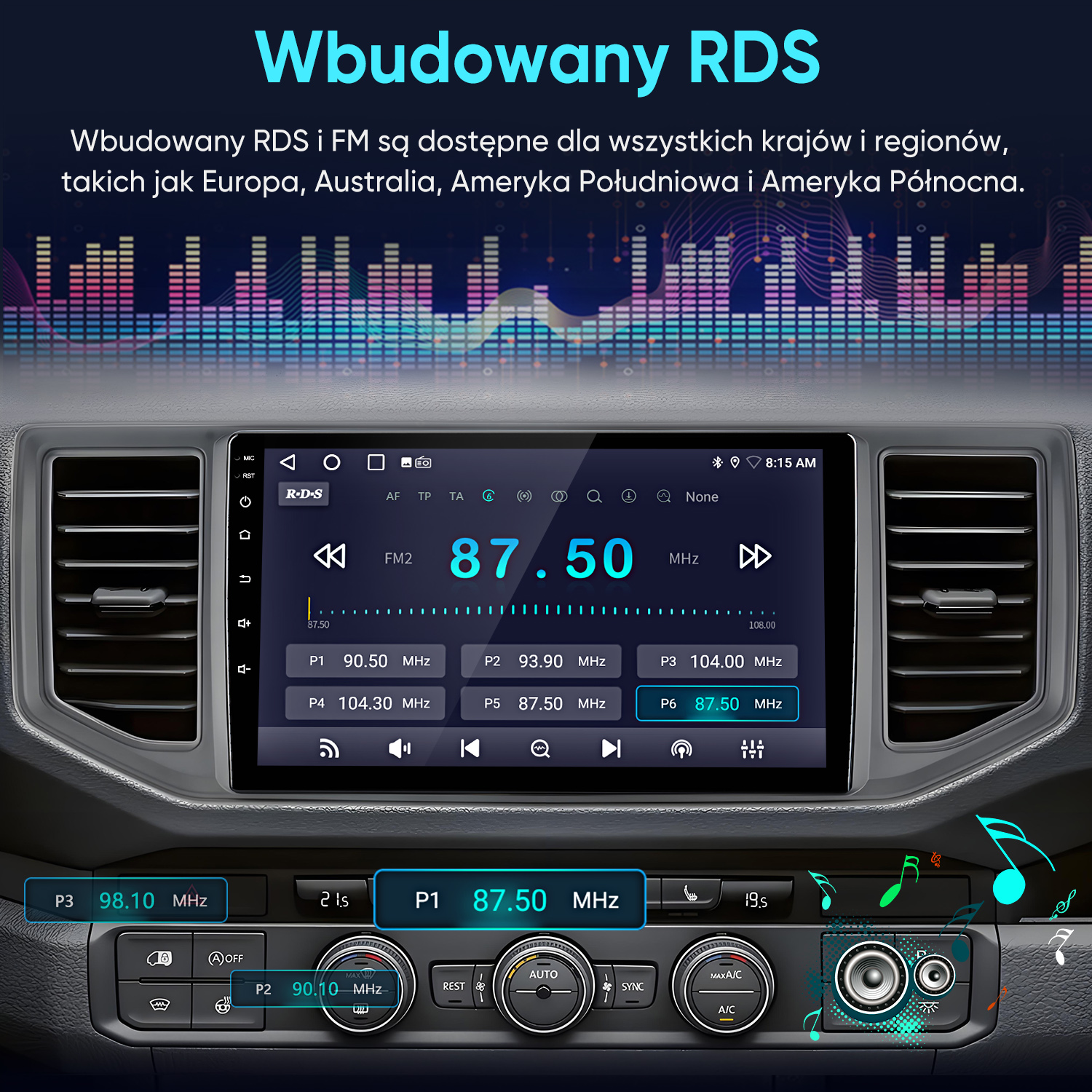 Wyświetlacz radia samochodowego pokazuje FM2 na 87.50 MHz z zaprogramowanymi stacjami.