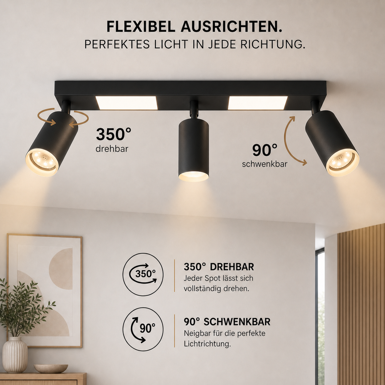 Lampada da soffitto nera con tre faretti regolabili, ruotabili di 350° e orientabili di 90°.