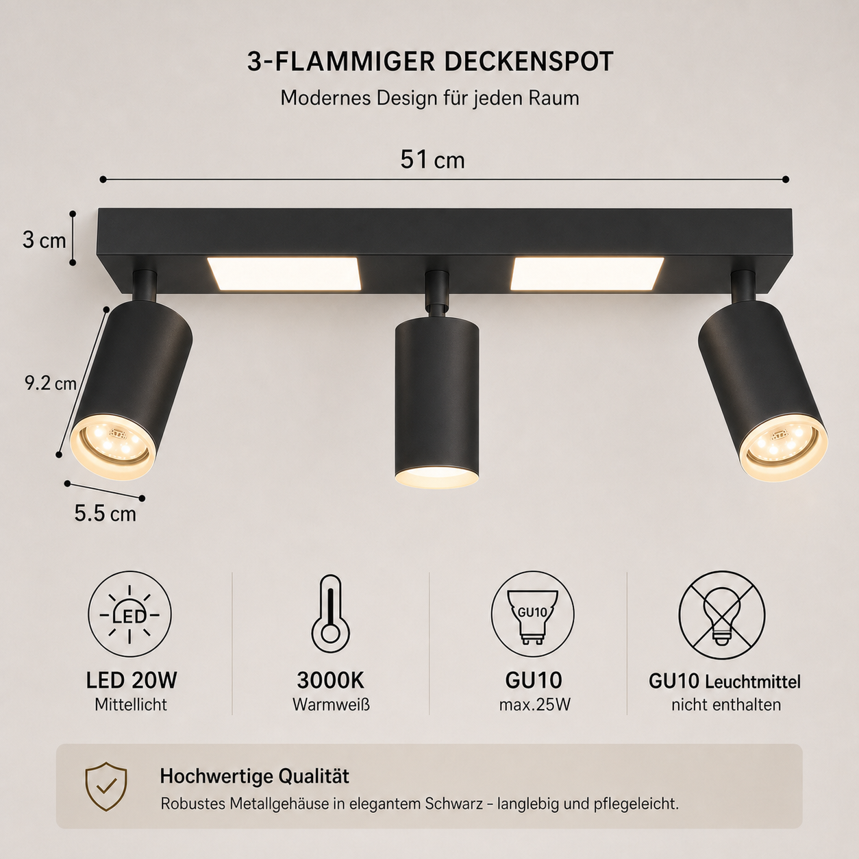 Faretti da soffitto neri a 3 luci. Dimensioni: 51x9.2x5.5cm. LED 20W, 3000K.