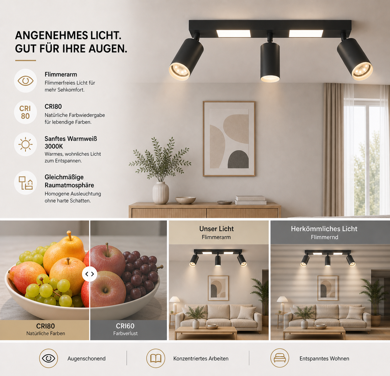 Un faretto da soffitto nero con tre faretti regolabili illumina un soggiorno.