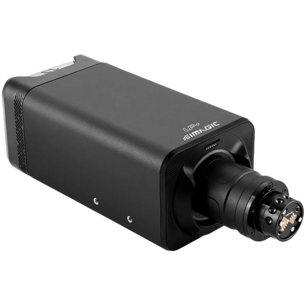 Gümüş konektörlü siyah Simagic Alpha Mini doğrudan tahrikli direksiyon tabanı.