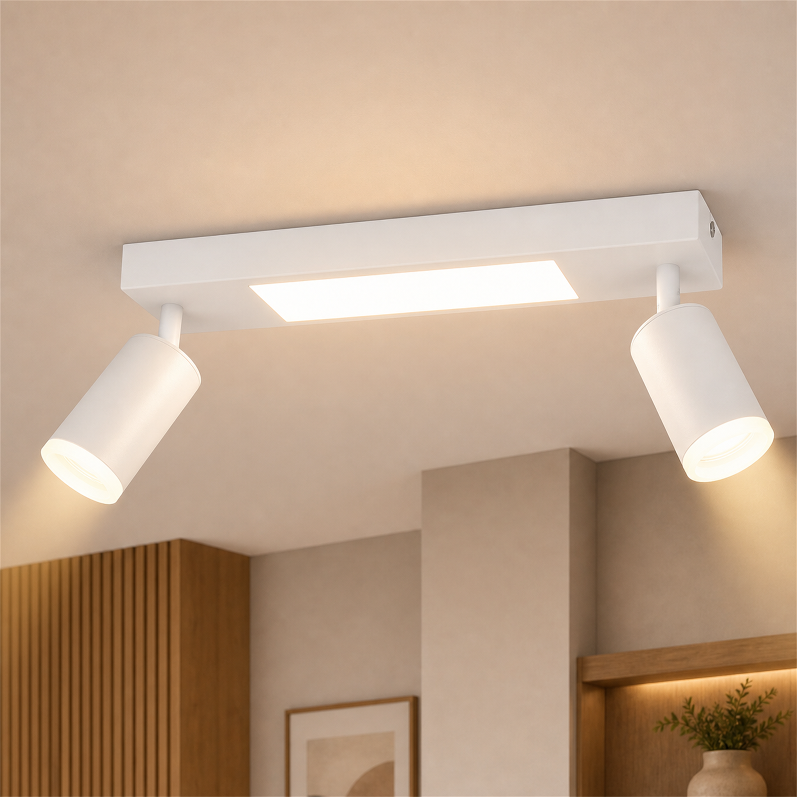 Plafoniera bianca con due faretti orientabili e un pannello luminoso rettangolare.