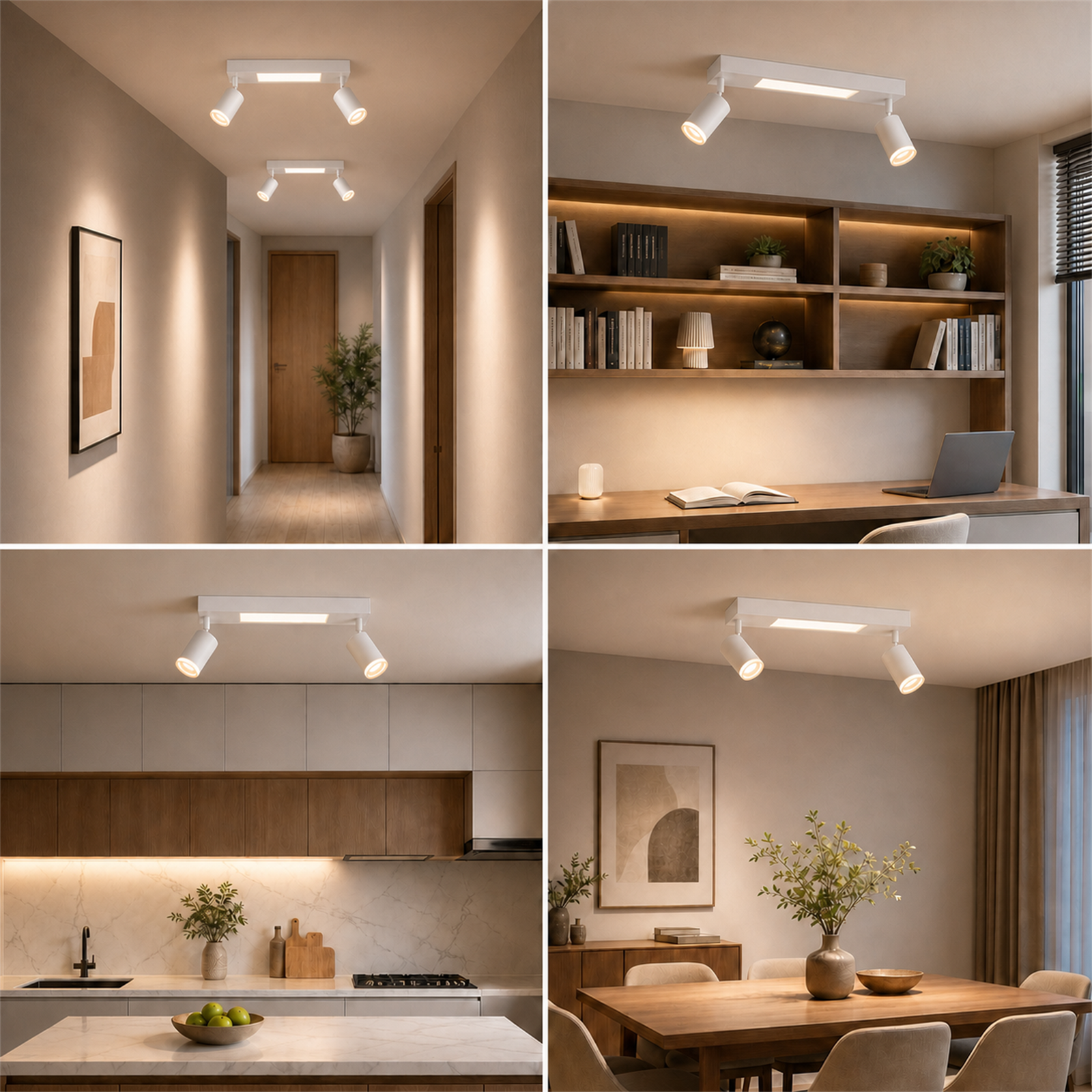 Quattro scene mostrano lampade da soffitto bianche in corridoio, ufficio, cucina e sala da pranzo.