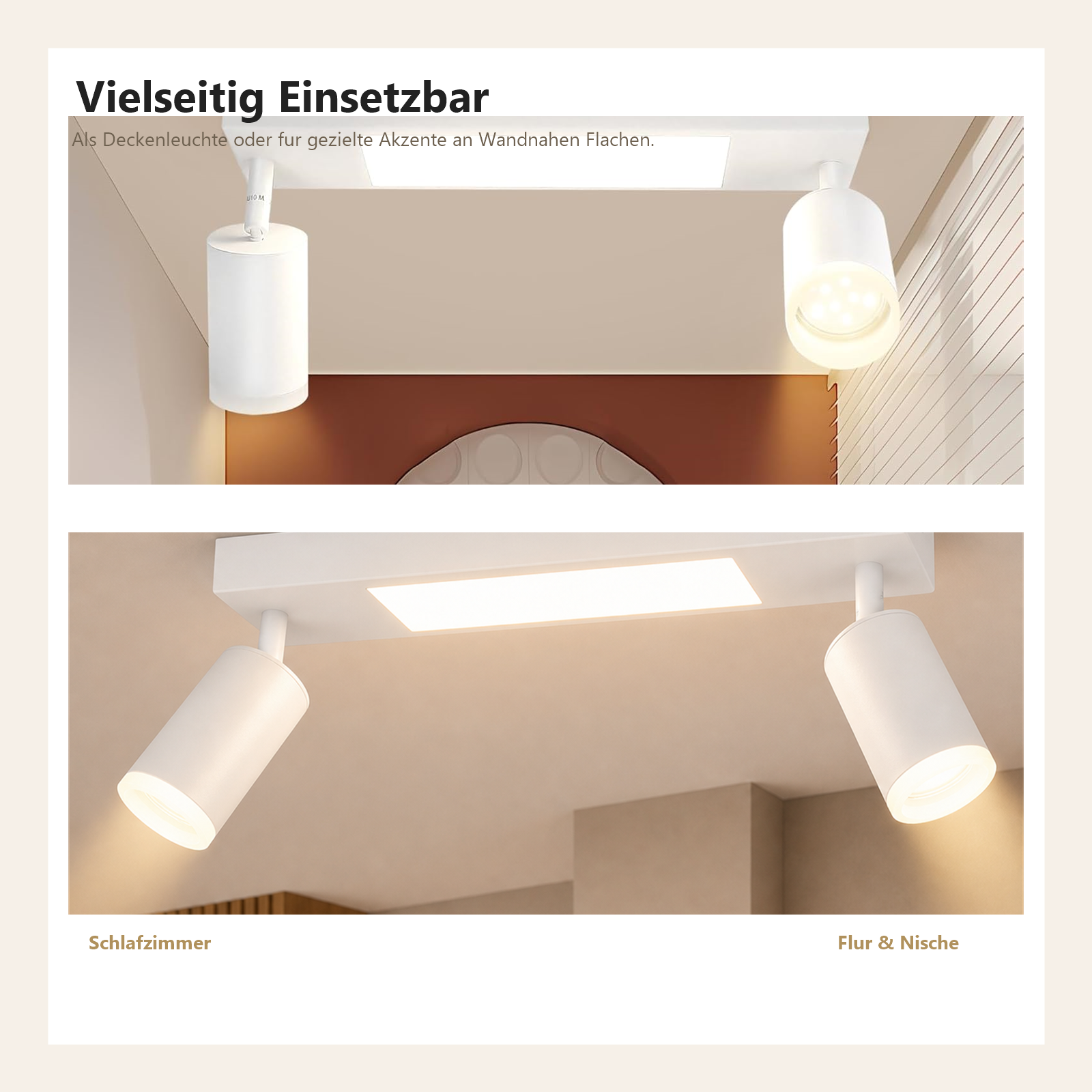 Faretti incassati bianchi su soffitto, focalizzati sull'illuminazione.