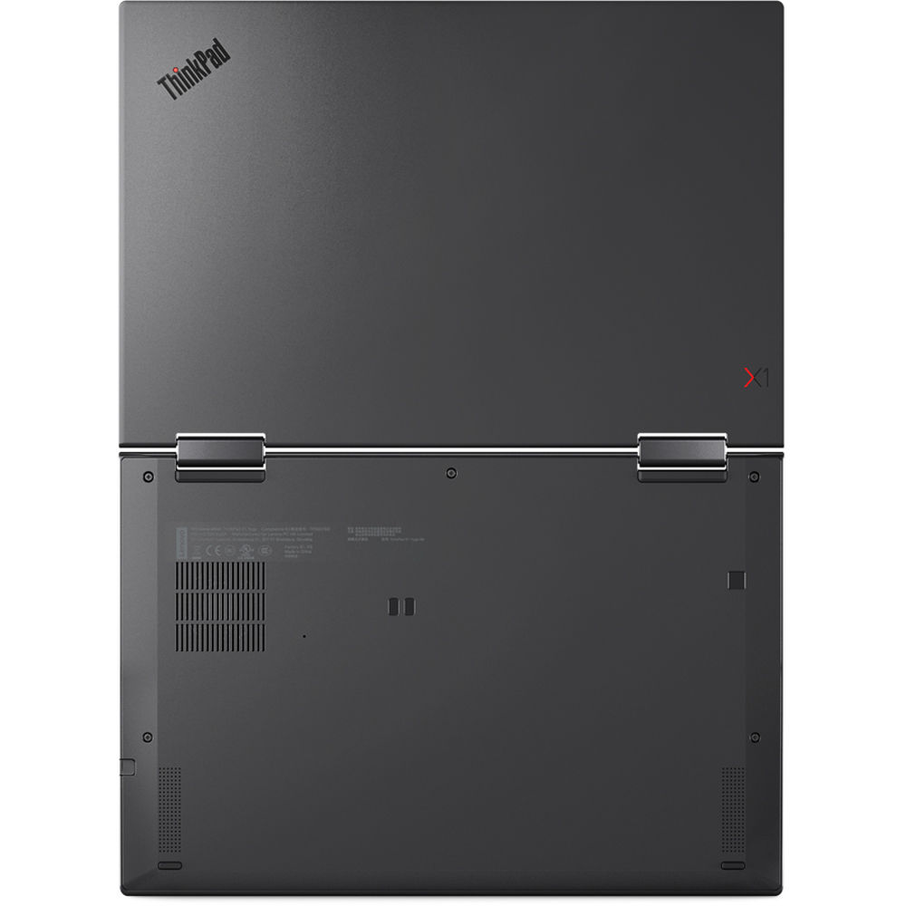 Czarny laptop Lenovo ThinkPad X1, widok z góry pokazujący pokrywę i podstawę. Widoczne zawiasy.