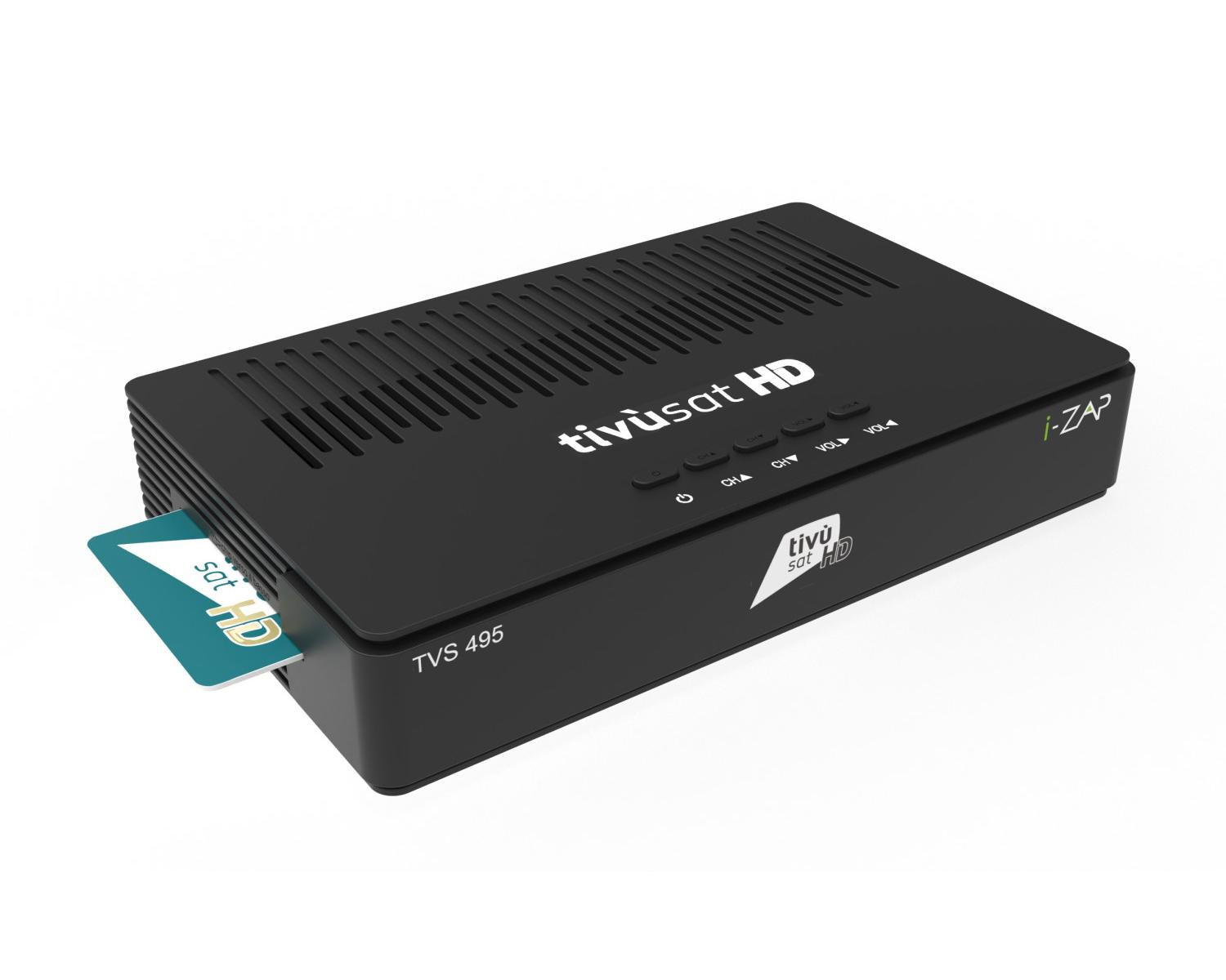 Ricevitore satellitare nero TVS 495 con logo Tivusat HD e scheda inserita.