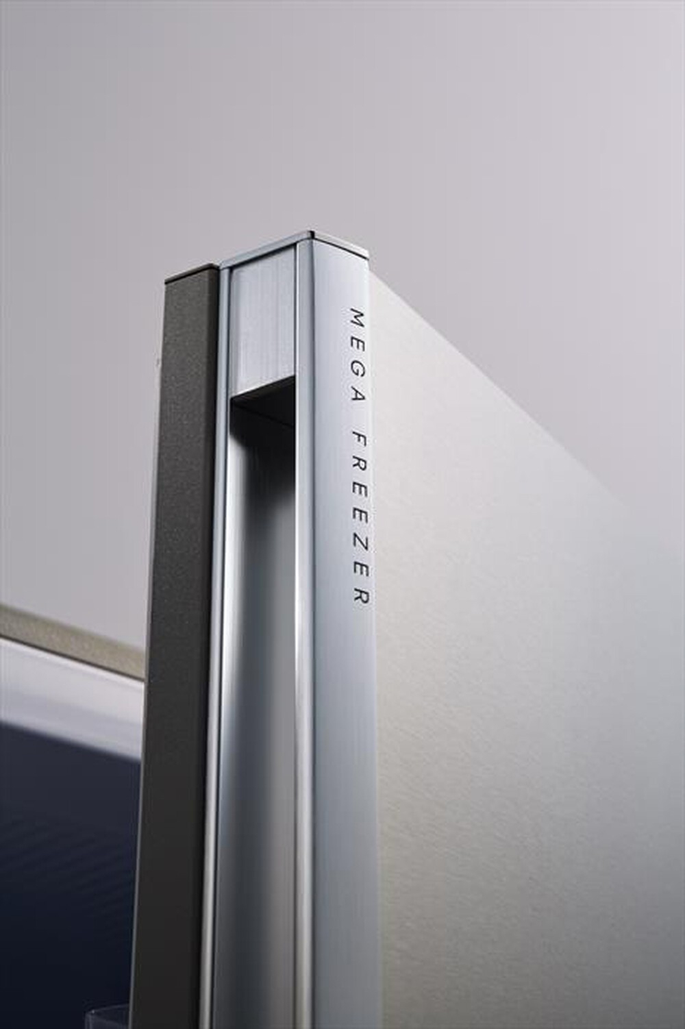 Primo piano di una maniglia argentata per frigorifero con testo "MEGA FREEZER".