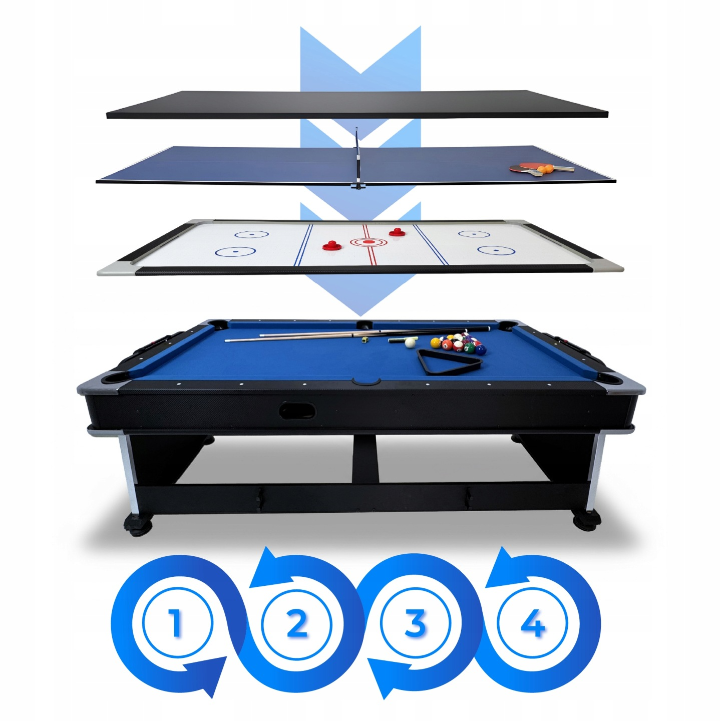 Vier übereinander gestapelte Spieltische: Billard, Airhockey, Tischtennis, schwarze Fläche.