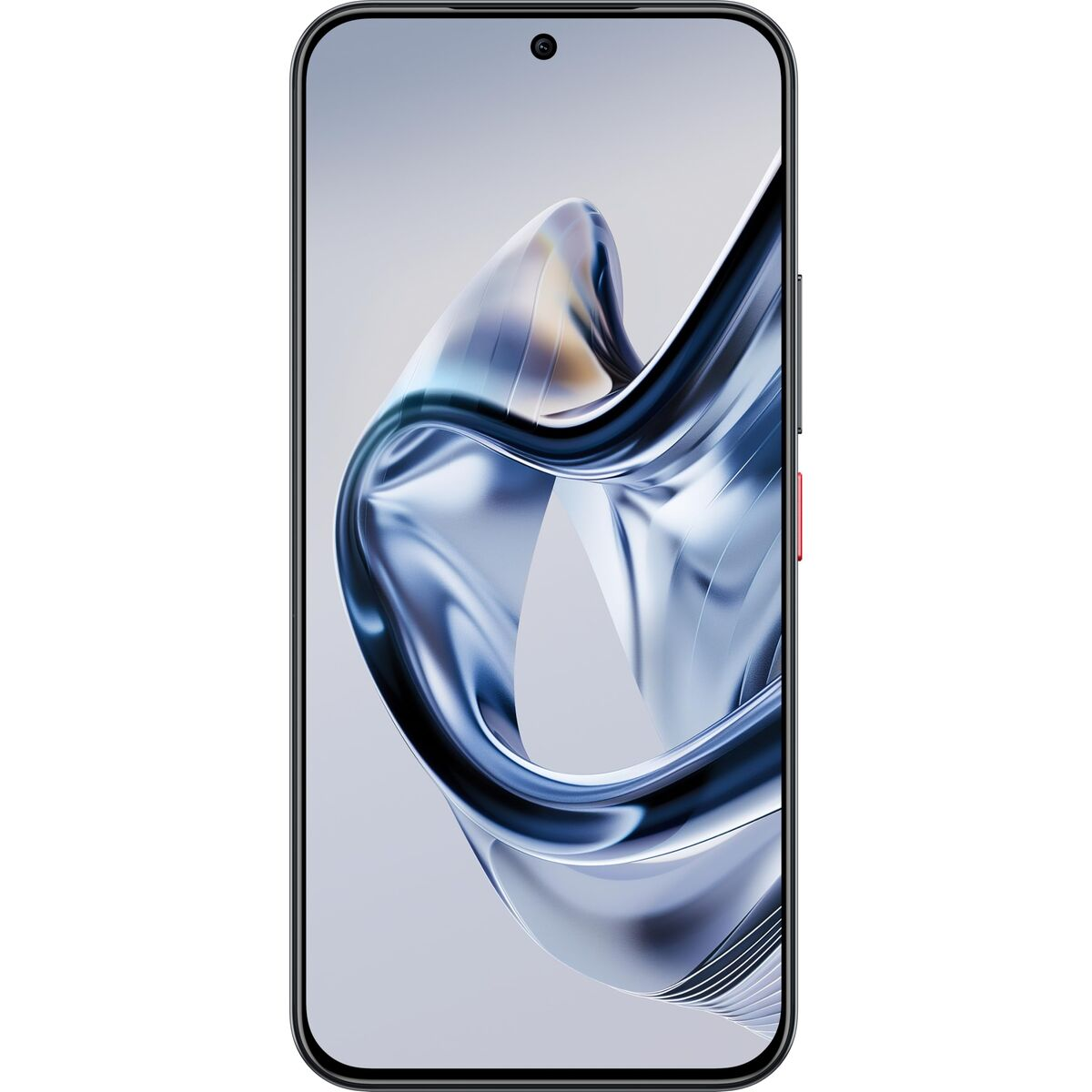 Un elegante smartphone que muestra un salvapantallas abstracto y fluido en azul y gris.