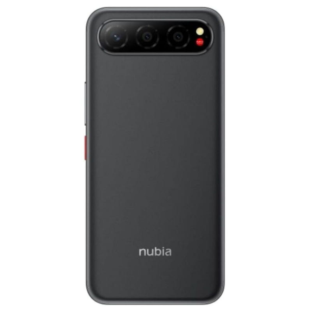 Un smartphone Nubia gris con tres lentes de cámara y un flash.