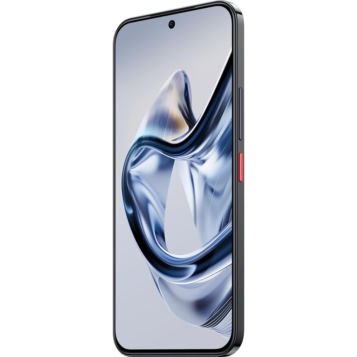 Un smartphone oscuro con un fondo dinámico plateado y azul en la pantalla.