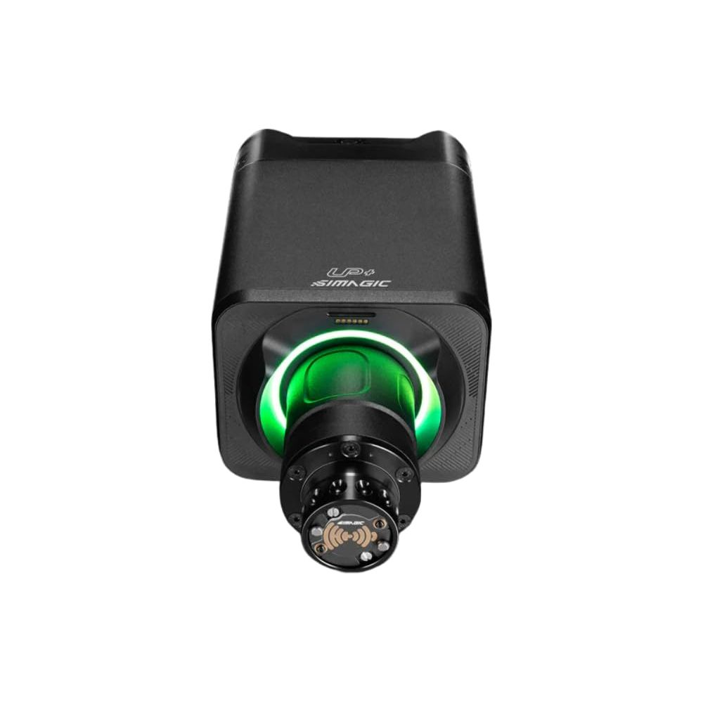 Schwarzer Rennlenkrad-Basis mit grüner LED-Beleuchtung und silbernen Anschlüssen.