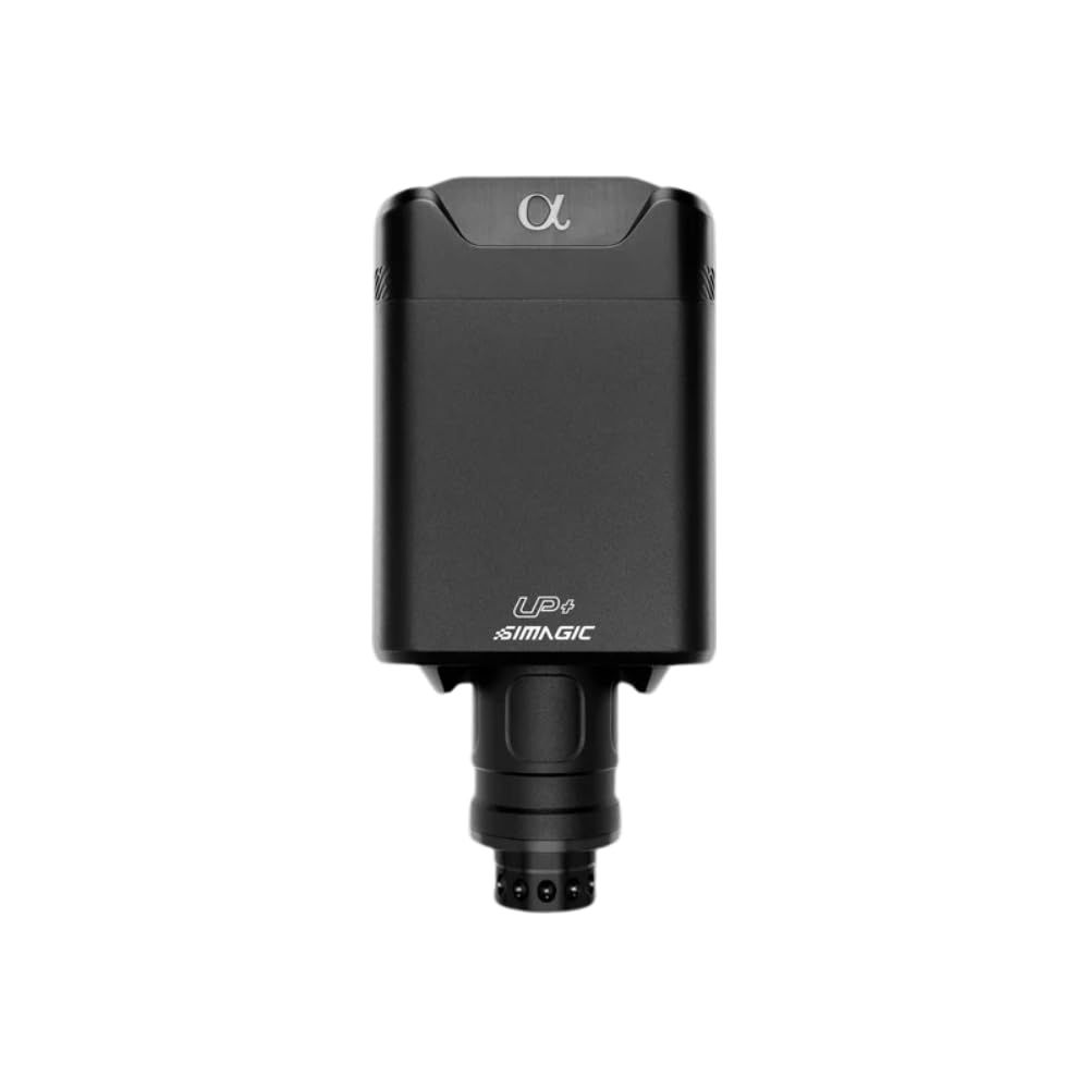 Ein schwarzer, rechteckiger Gimbal-Controller mit Alpha-Symbol oben und Simagic-Logo.
