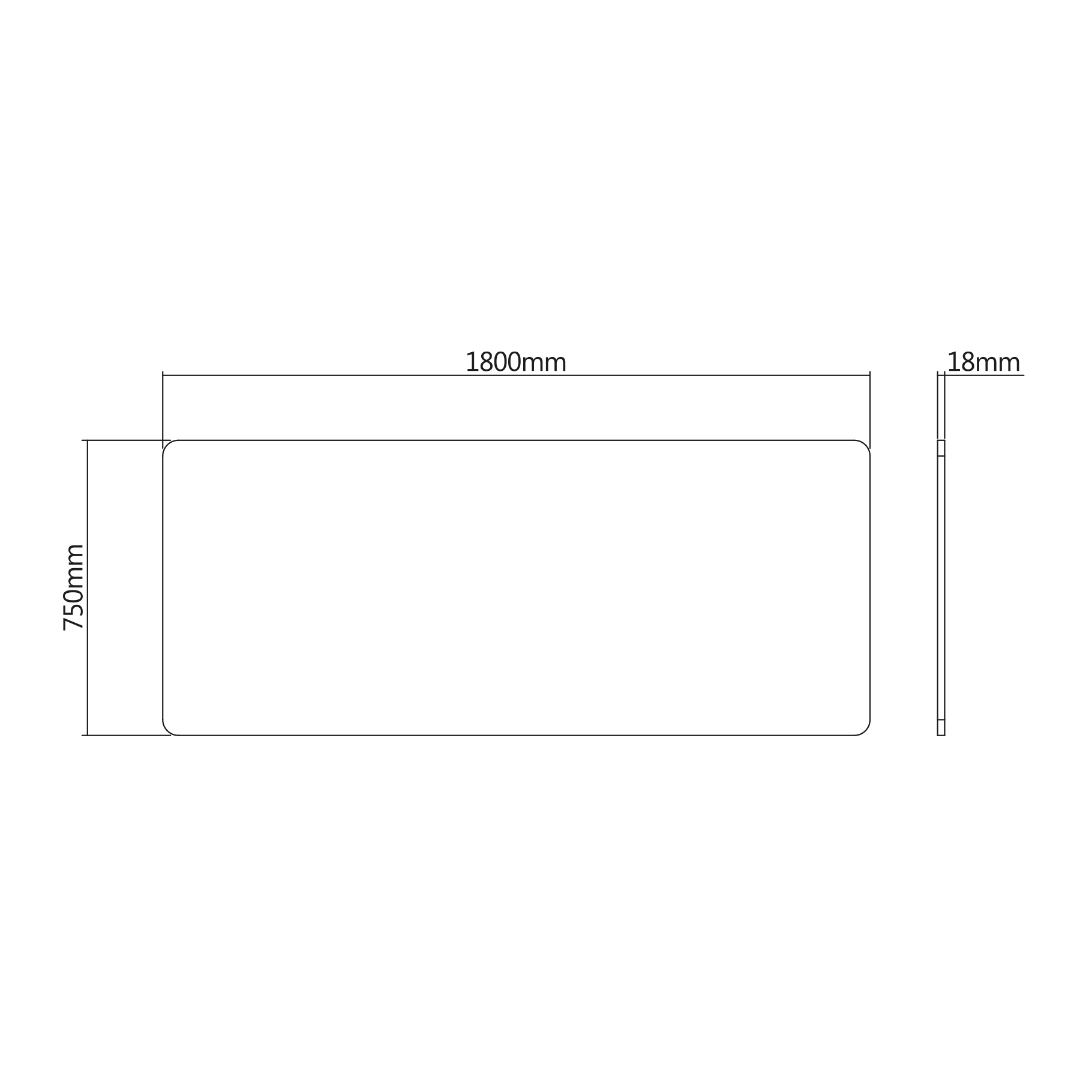 Dibujo técnico: Rectángulo 1800mm x 750mm, grosor 18mm.