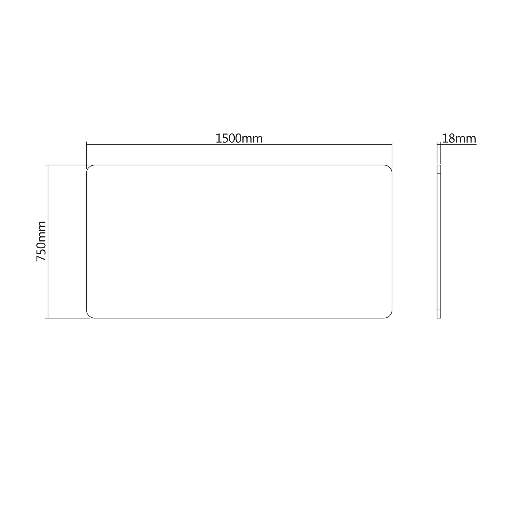 Dibujo técnico con dimensiones 1500mm x 750mm x 18mm.