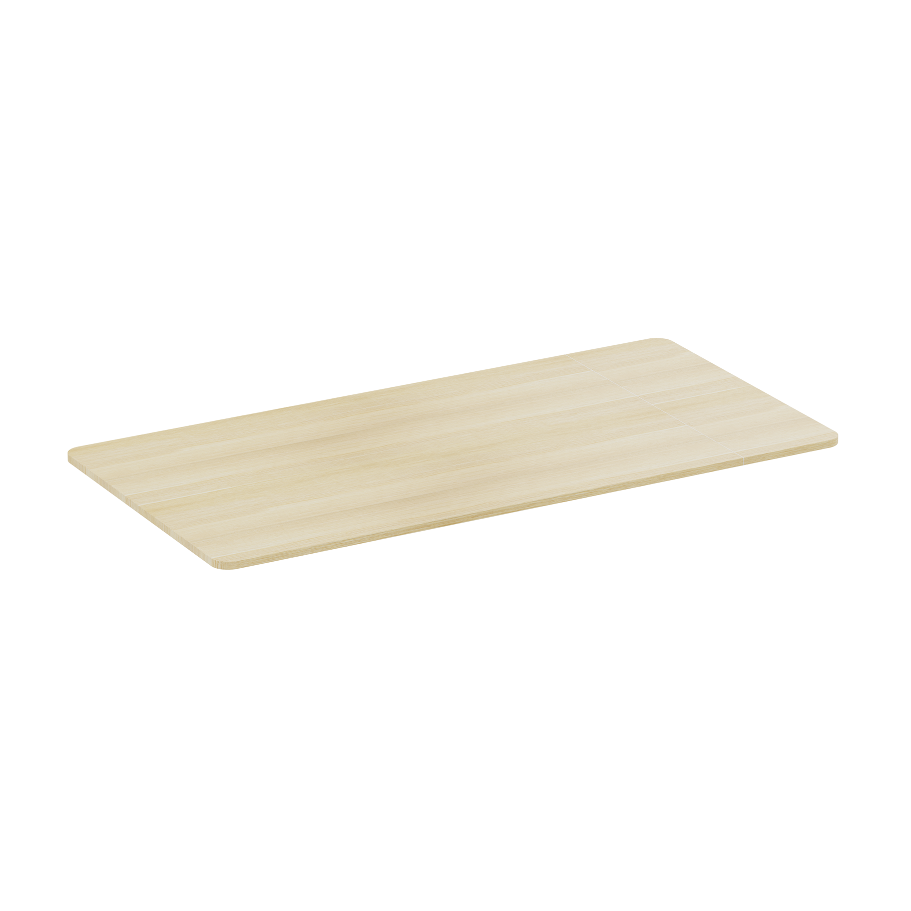 Piano scrivania in legno chiaro con angoli arrotondati, isolato.