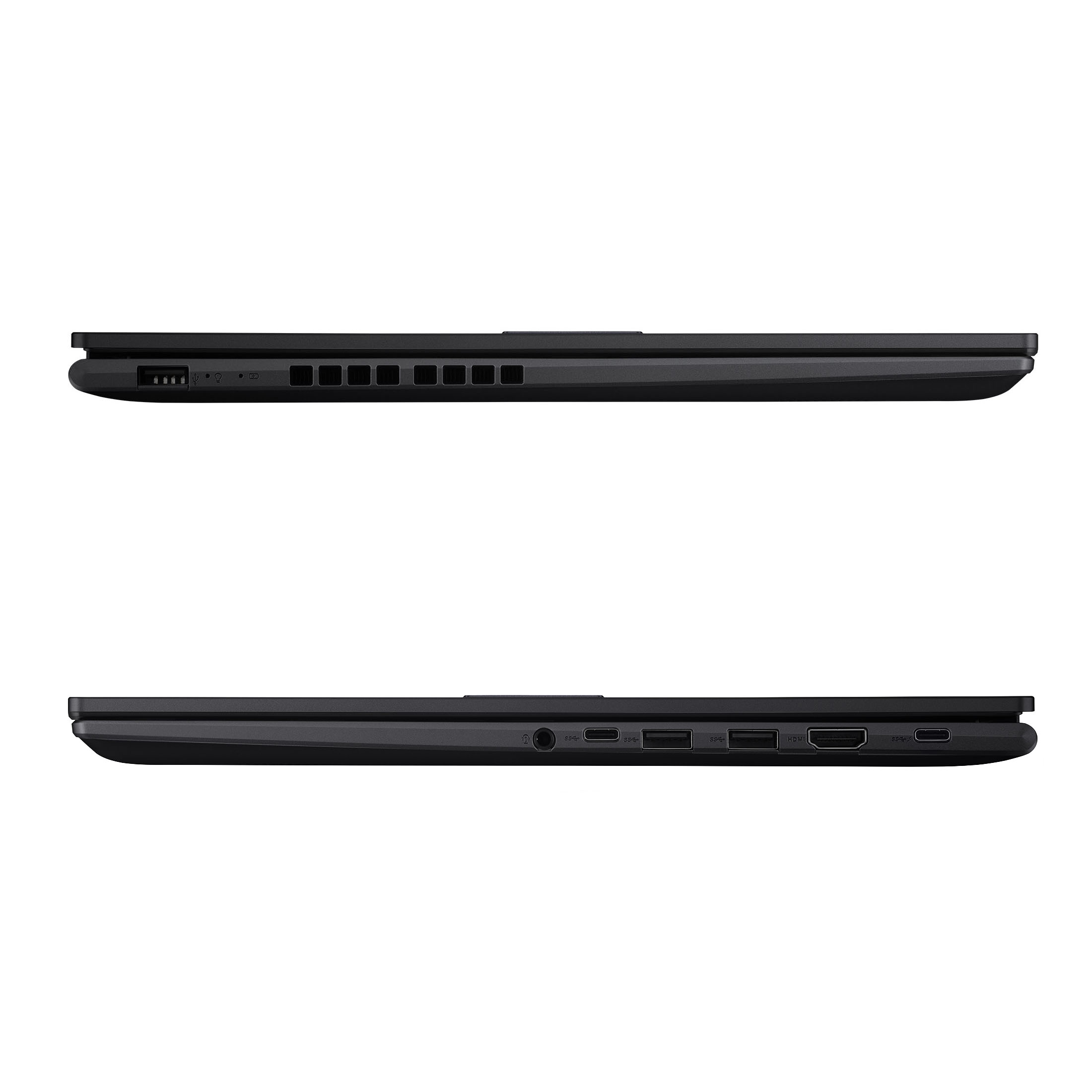 Oben: Lüftungsschlitze und Anschlüsse an der Seite eines schwarzen Laptops. Unten: Anschlüsse an der Seite.