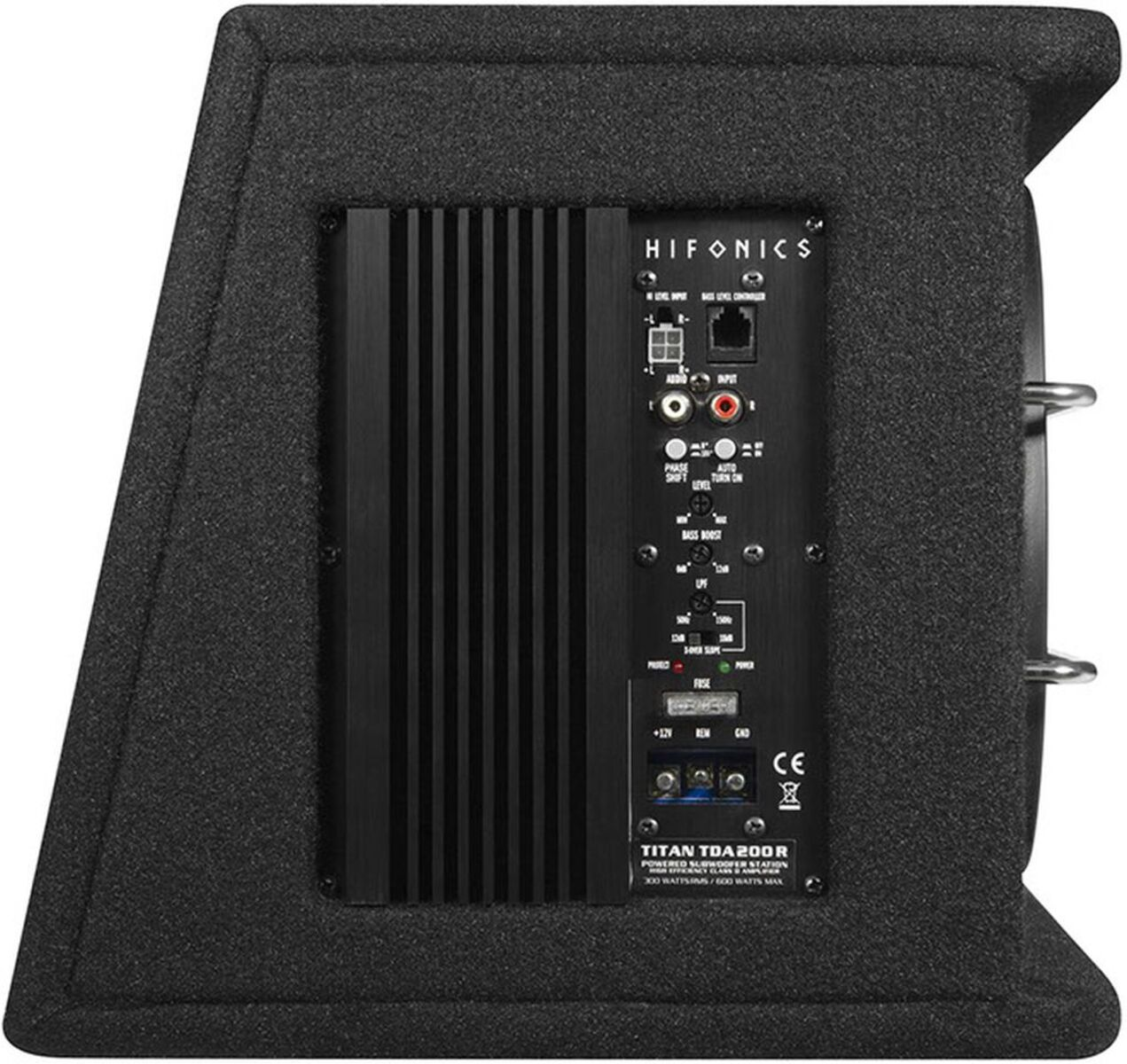 Rückseite eines schwarzen Subwoofer-Gehäuses mit Hifonics-Logo und Anschlüssen.