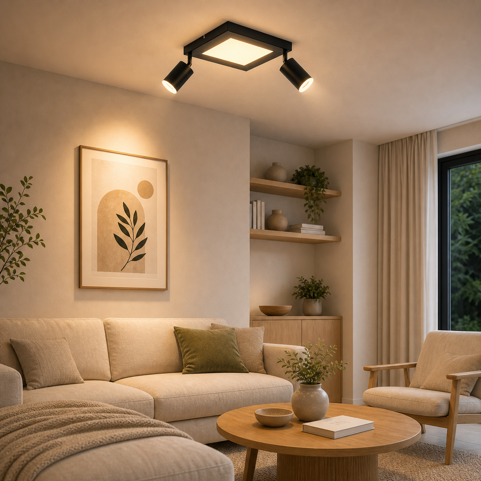 Un soggiorno luminoso con divano beige, tavolo in legno e plafoniera nera.