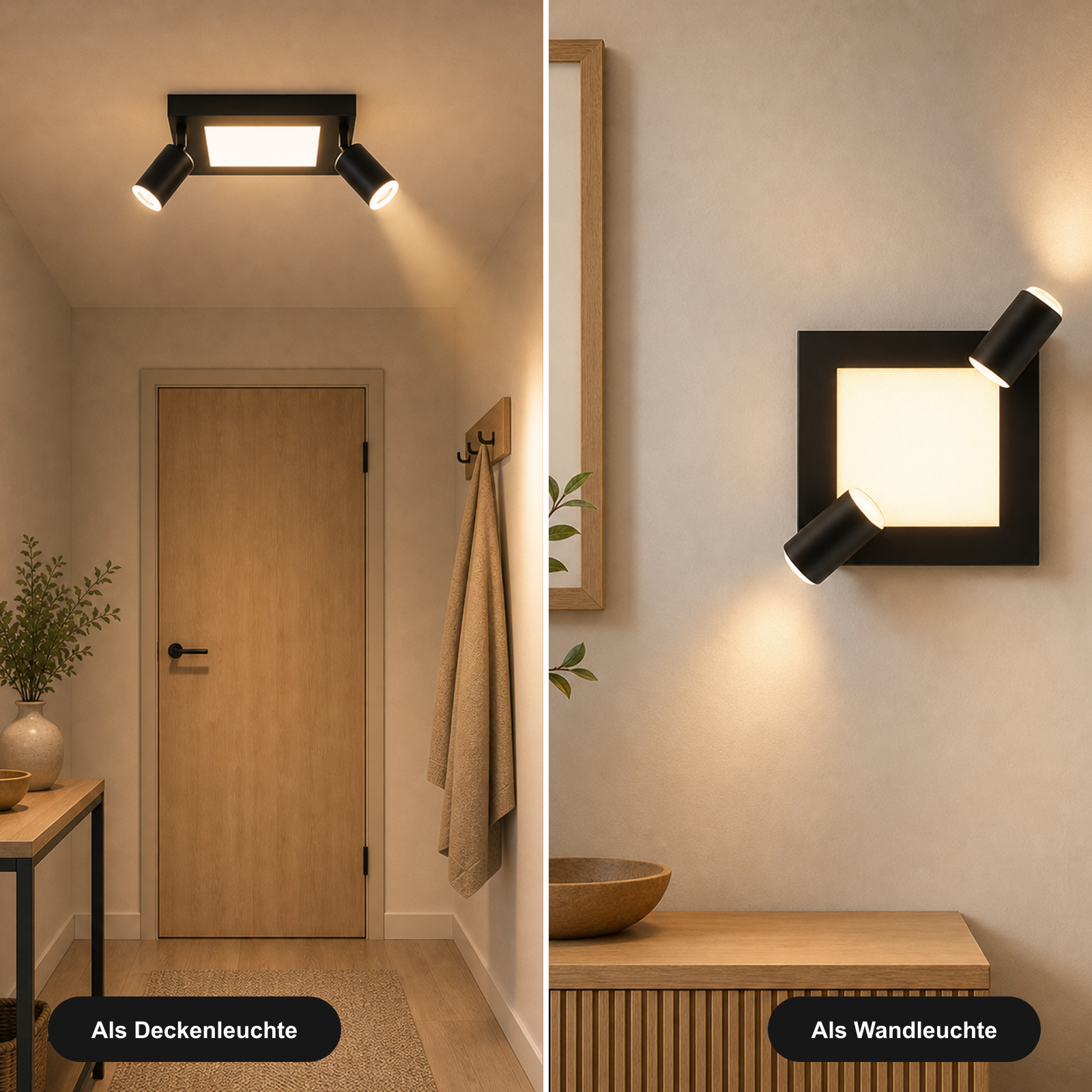 Due viste di una lampada nera: sopra come plafoniera, a destra come applique.