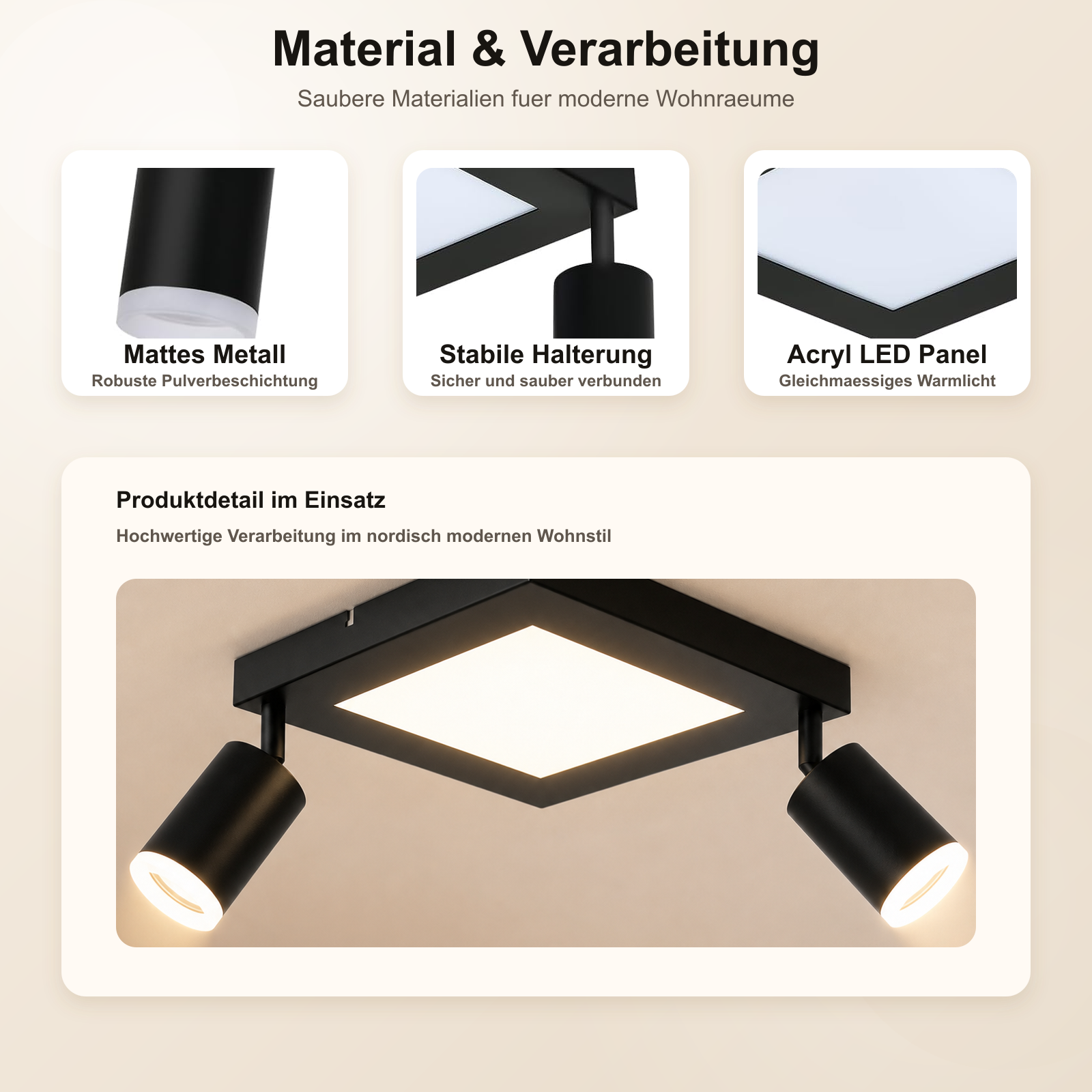 Lampada da soffitto nera con pannello LED quadrato e due faretti orientabili.