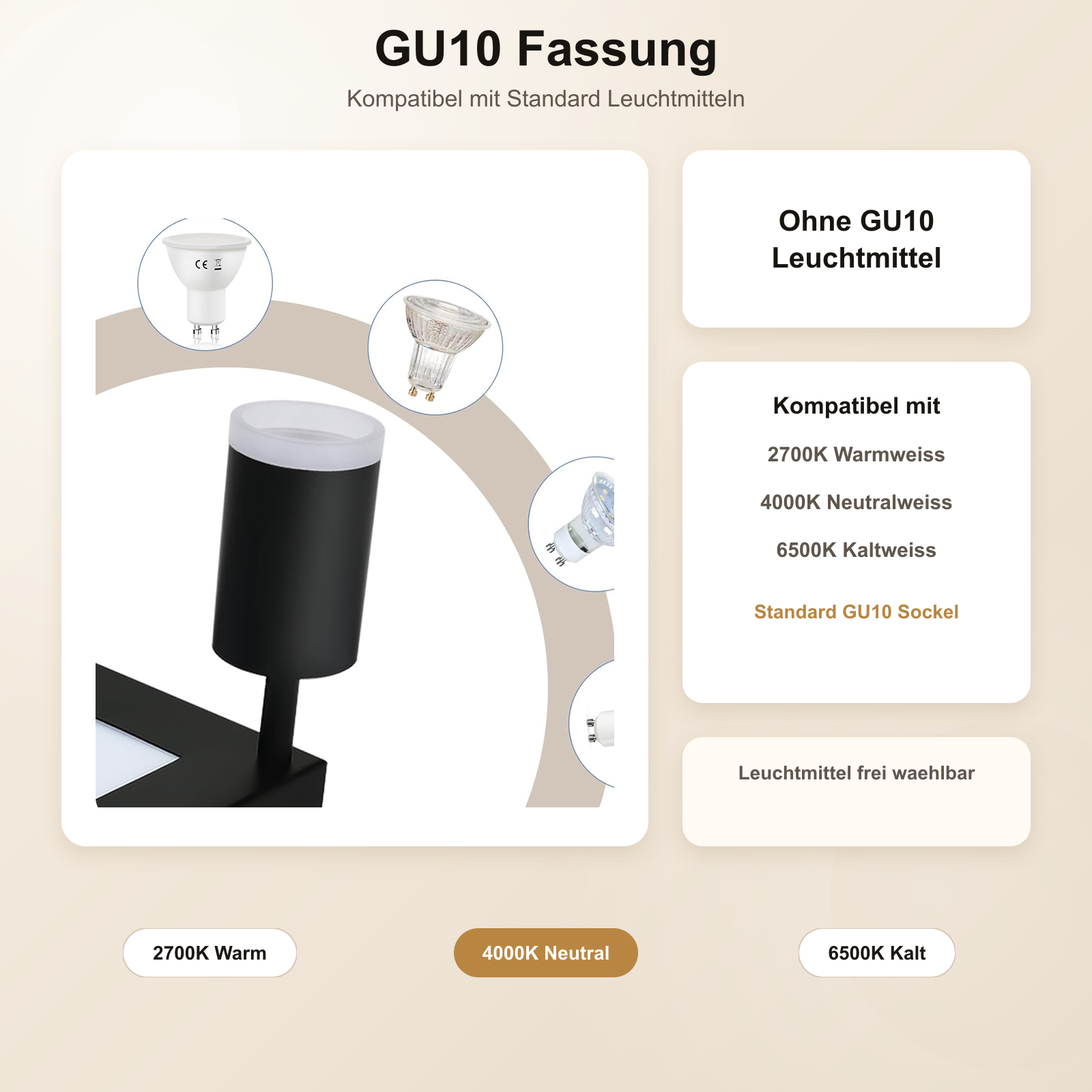 Attacco GU10 compatibile con lampadine standard.